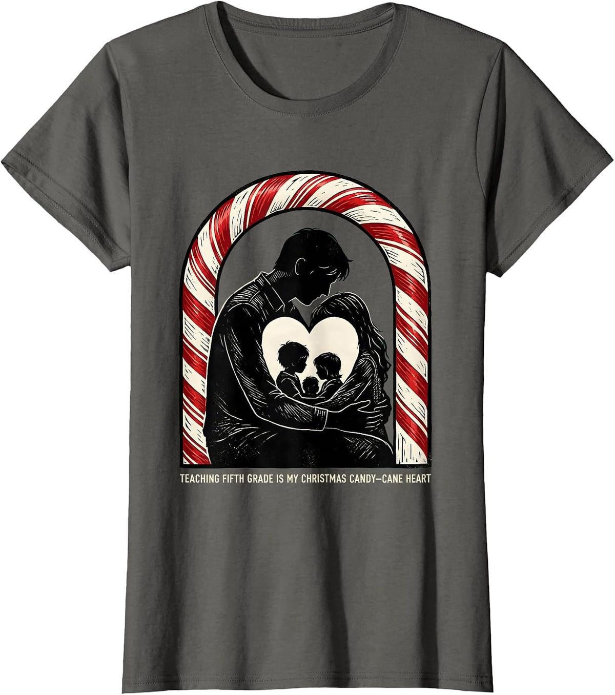 Women's Teaching Fifth Grade Is My Christmas Candy-Cane Heart T-Shirt - Asphalt Grey