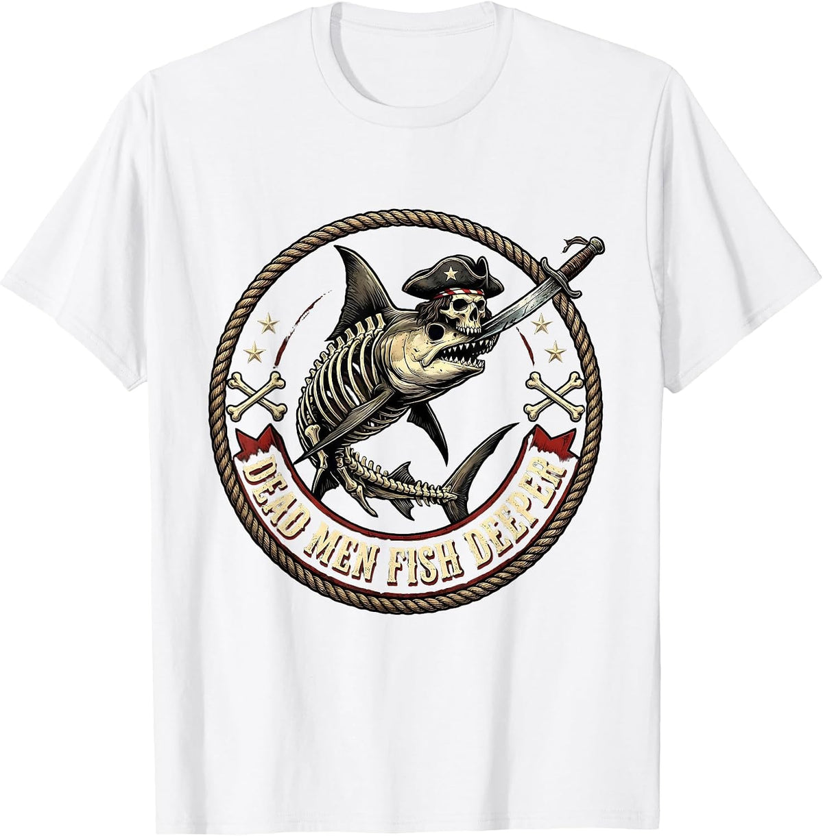 Men's Halloween Pirate Swordfish Skeleton Design T-Shirt - White