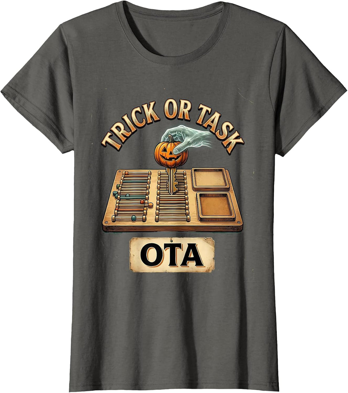 Women's Trick Or Task OTA Vintage Physical Therapy Halloween Ghost T-Shirt - Asphalt Grey