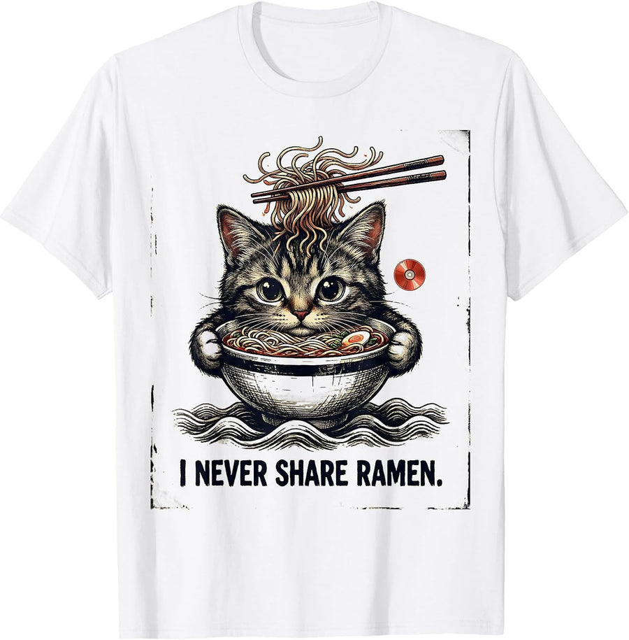 Men's I Never Share Ramen Distressed Kawaii Anime Cat Gift T-Shirt - White