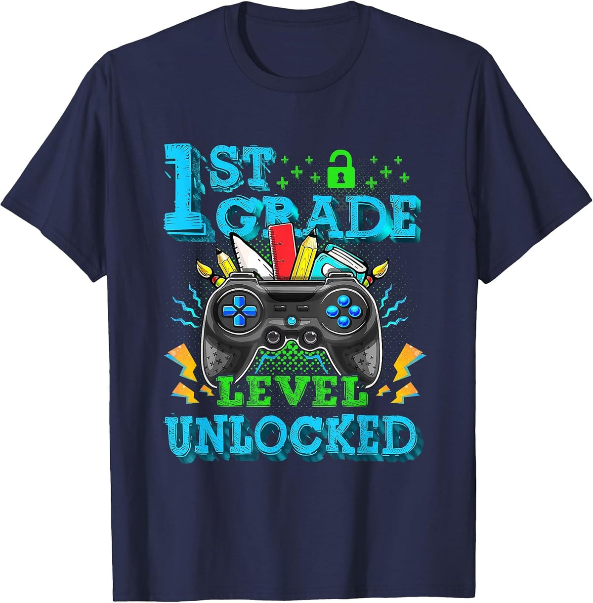 1st Grade Level Unlocked Video Game Back to School Boys T-Shirt - Navy Blue