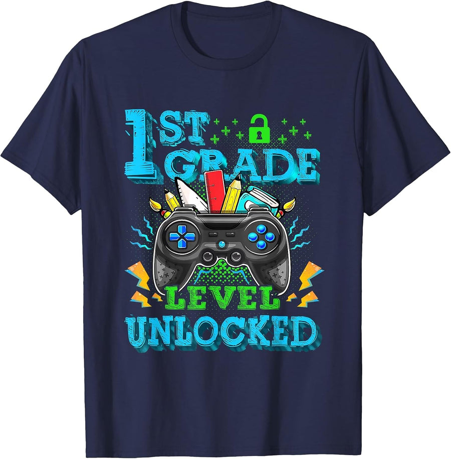 1st Grade Level Unlocked Video Game Back to School Boys T-Shirt - Navy Blue