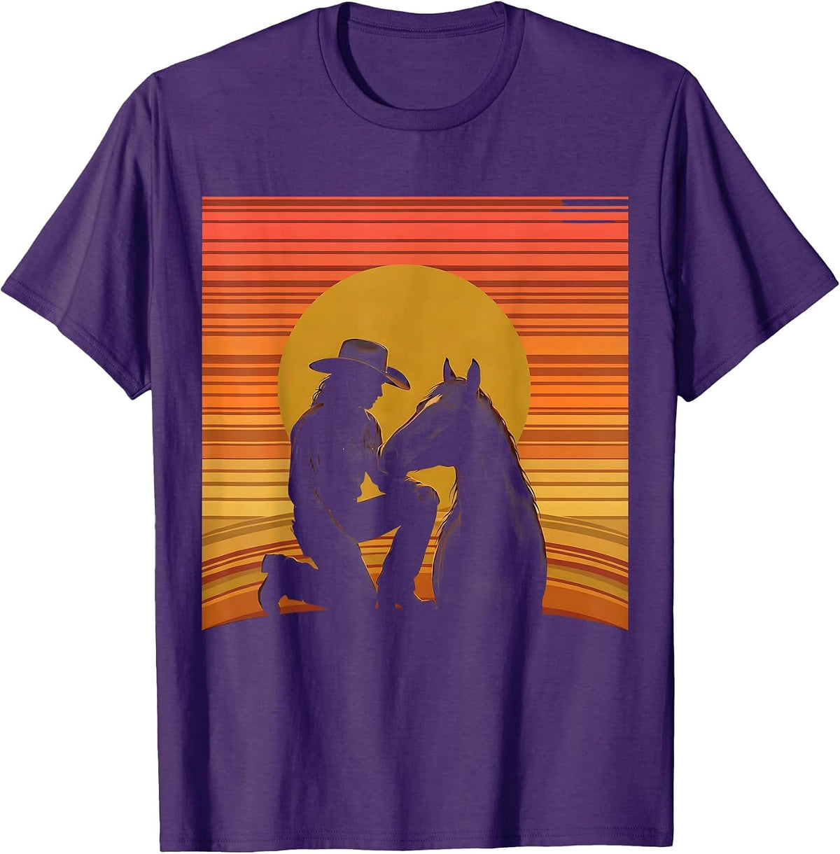 Men's Cowgirl and Horse at Dusk Rodeo Graphic T-Shirt - Purple