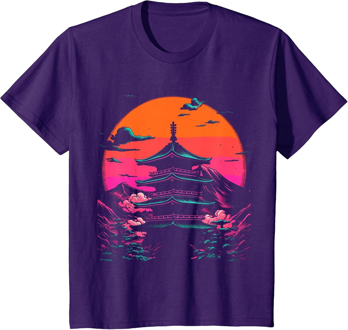 Japanese Pagoda Temple Synthwave Retro T-Shirt - Purple