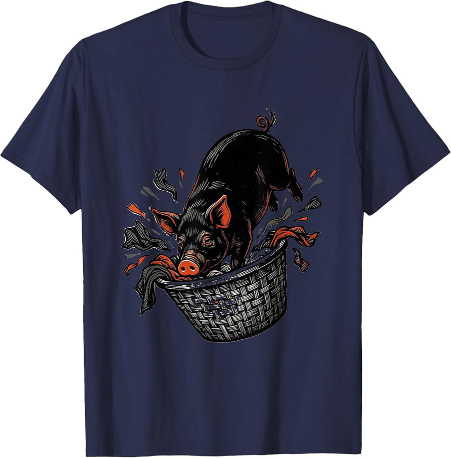 Pet Pig Rooting Through Laundry Basket Cute Animal Lover T-Shirt - Navy Blue