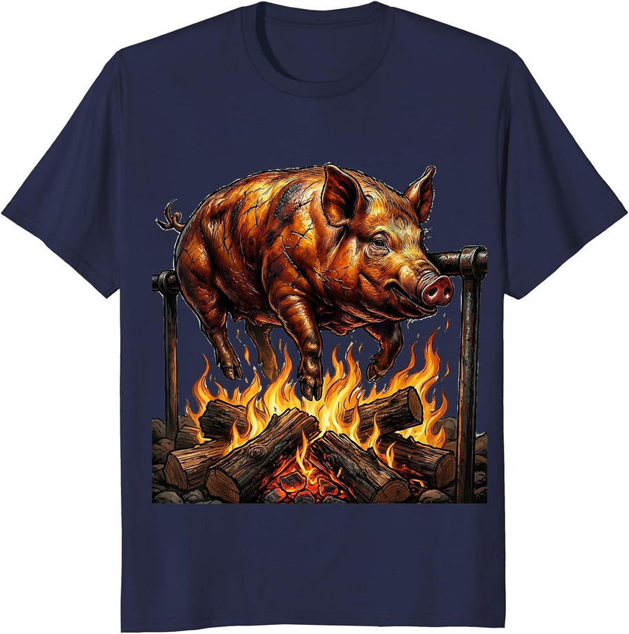 Oktoberfest Roasted Pig on Spit Illustration T-Shirt - Navy Blue