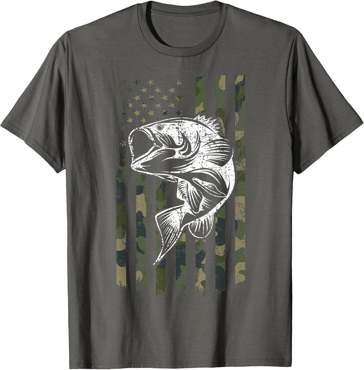 Large Mouth Bass Fishing Camo American Flag USA Fisherman T-Shirt - Asphalt Grey
