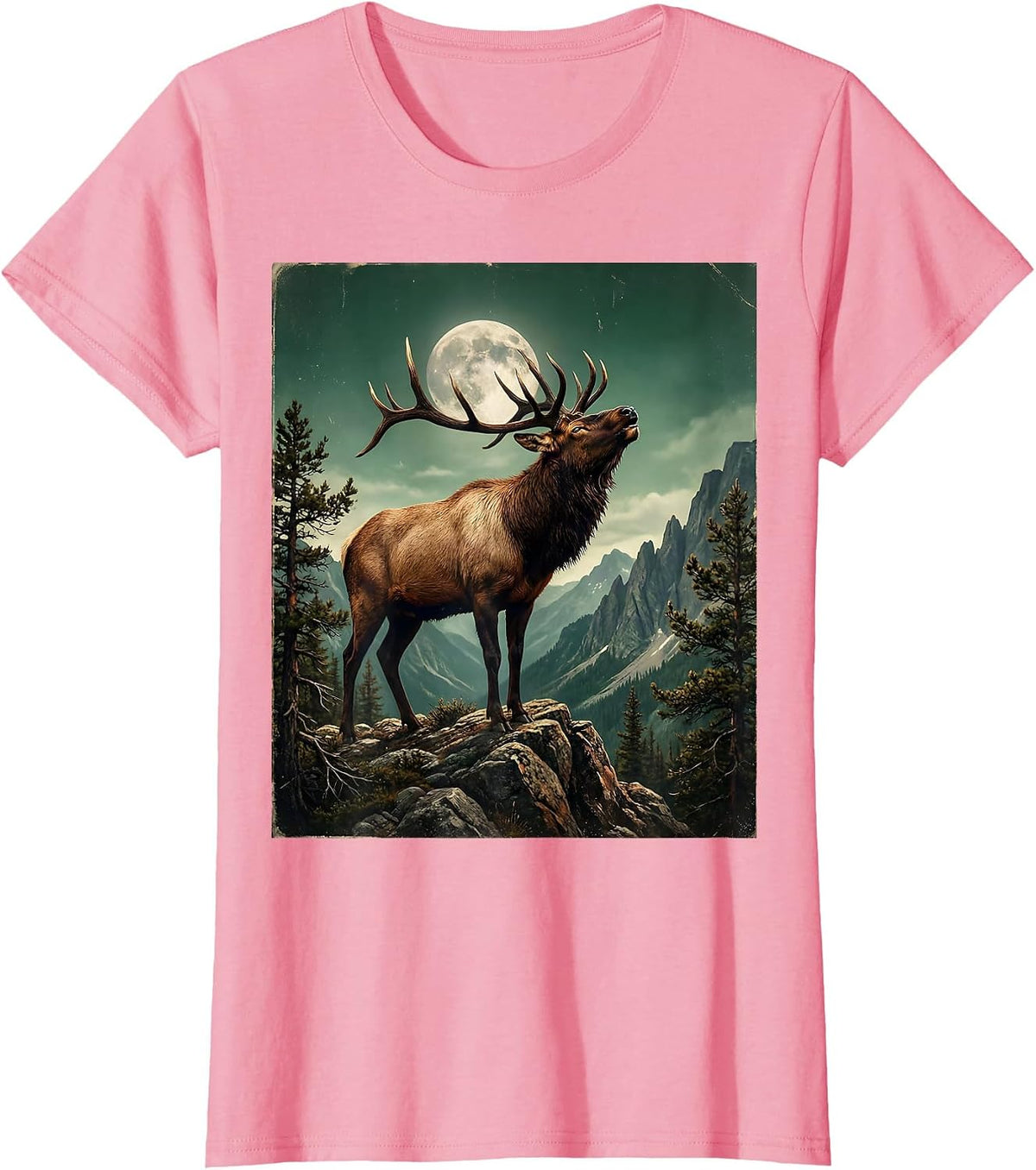 Women's Elk Bugling on Mountain Ridge Wildlife Design T-Shirt - Pink