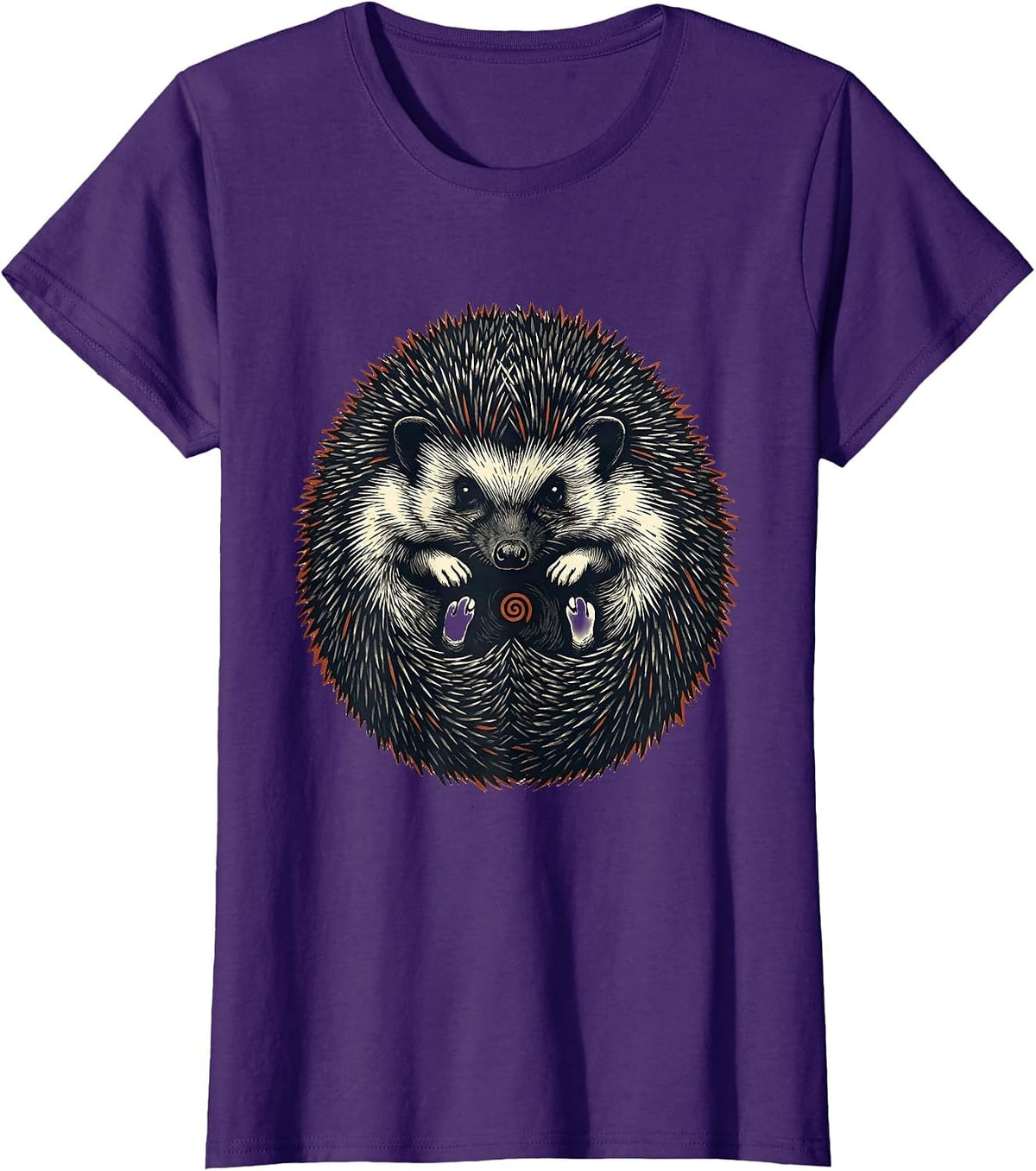 Women's Cute Curled Hedgehog Linocut Animal Lover Gift T-Shirt - Purple