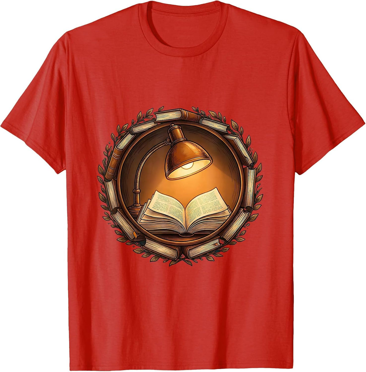 Men's Reading Lamp and Open Book Illustration T-Shirt - Red