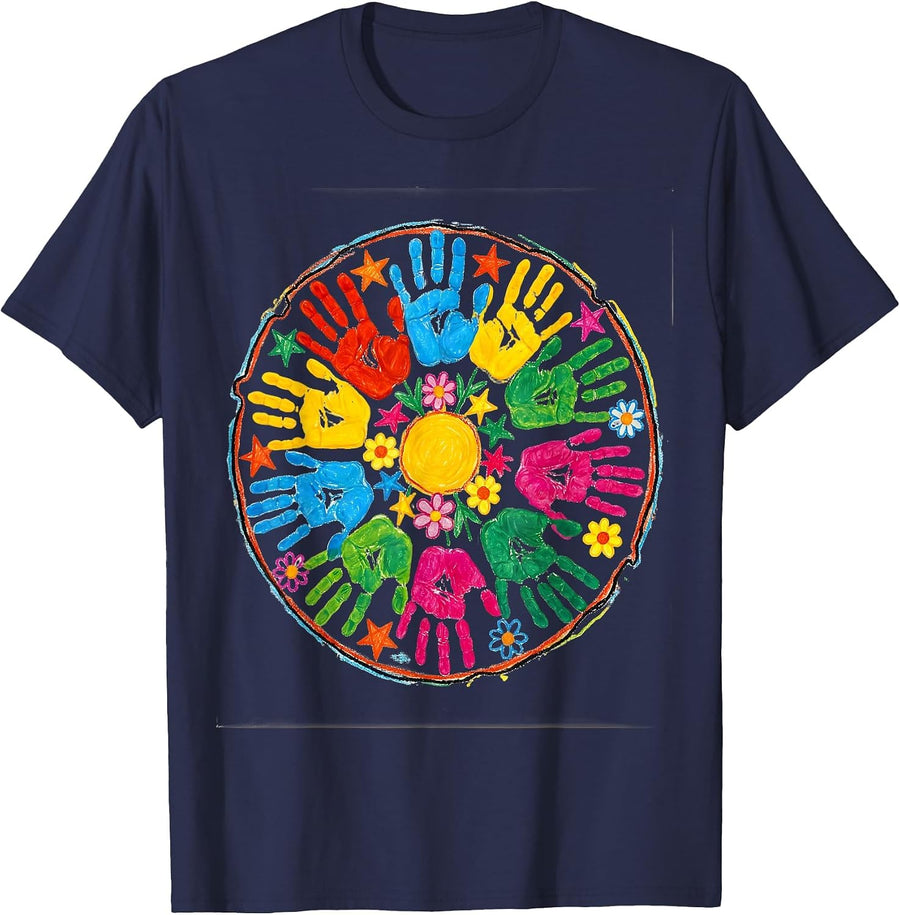 Preschool Teacher Handprint Art Graphic T-Shirt - Navy Blue