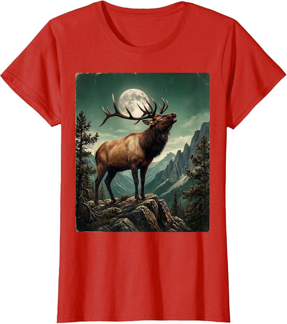 Women's Elk Bugling on Mountain Ridge Wildlife Design T-Shirt - Red
