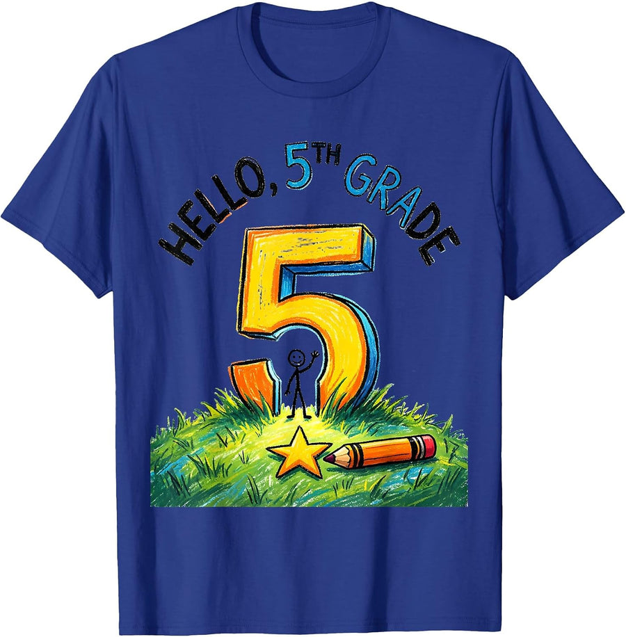 Hello, 5th Grade Naive Kidcore Back to School Teacher Kids T-Shirt - Royal Blue