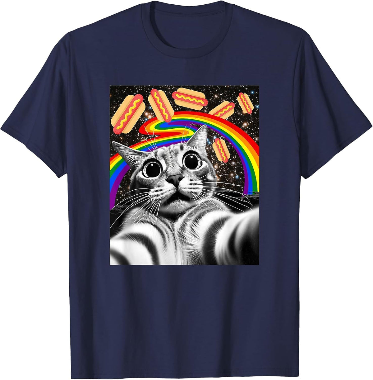 Funny Graphic Rainbow Hotdog UFOs Cosmic Space Selfie Cat T-Shirt - Navy Blue