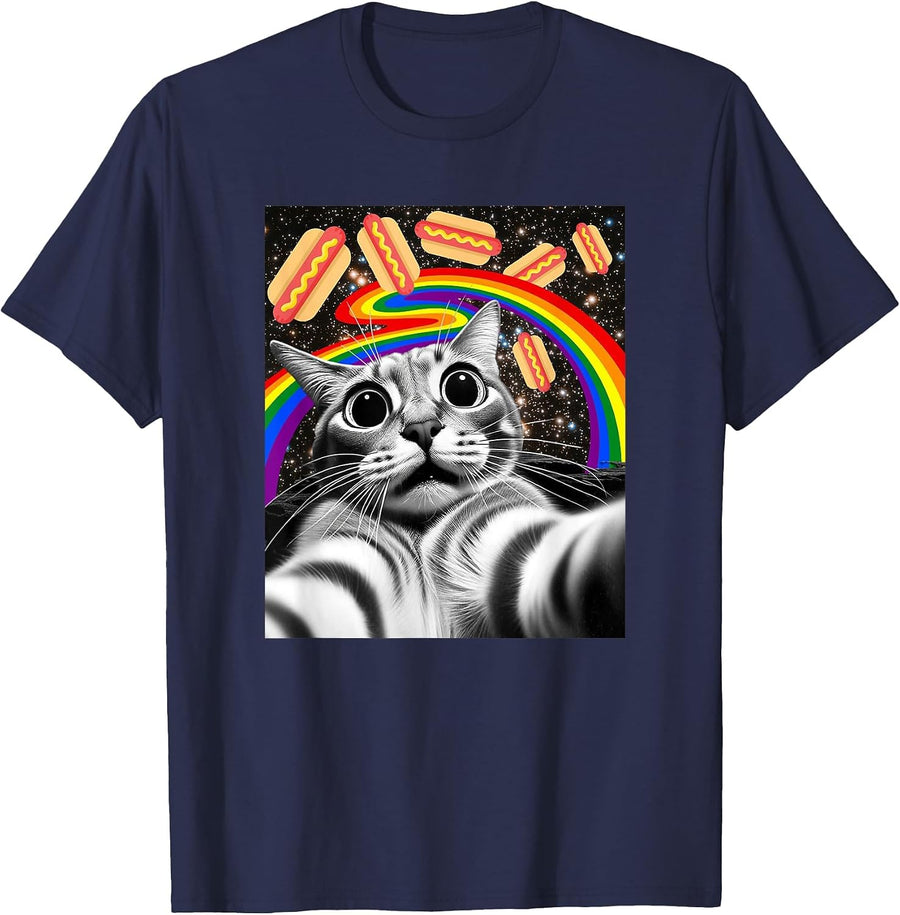 Funny Graphic Rainbow Hotdog UFOs Cosmic Space Selfie Cat T-Shirt - Navy Blue