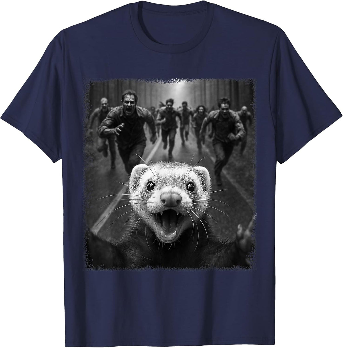 Funny Spooky Ferret Selfie with Creepy Halloween Zombies T-Shirt - Navy Blue