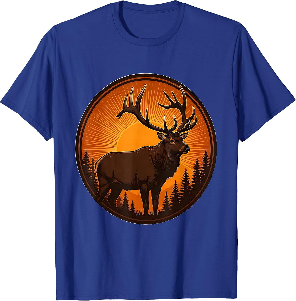 Men's Elk Silhouette Orange Sunset Fall Nature Design T-Shirt - Royal Blue