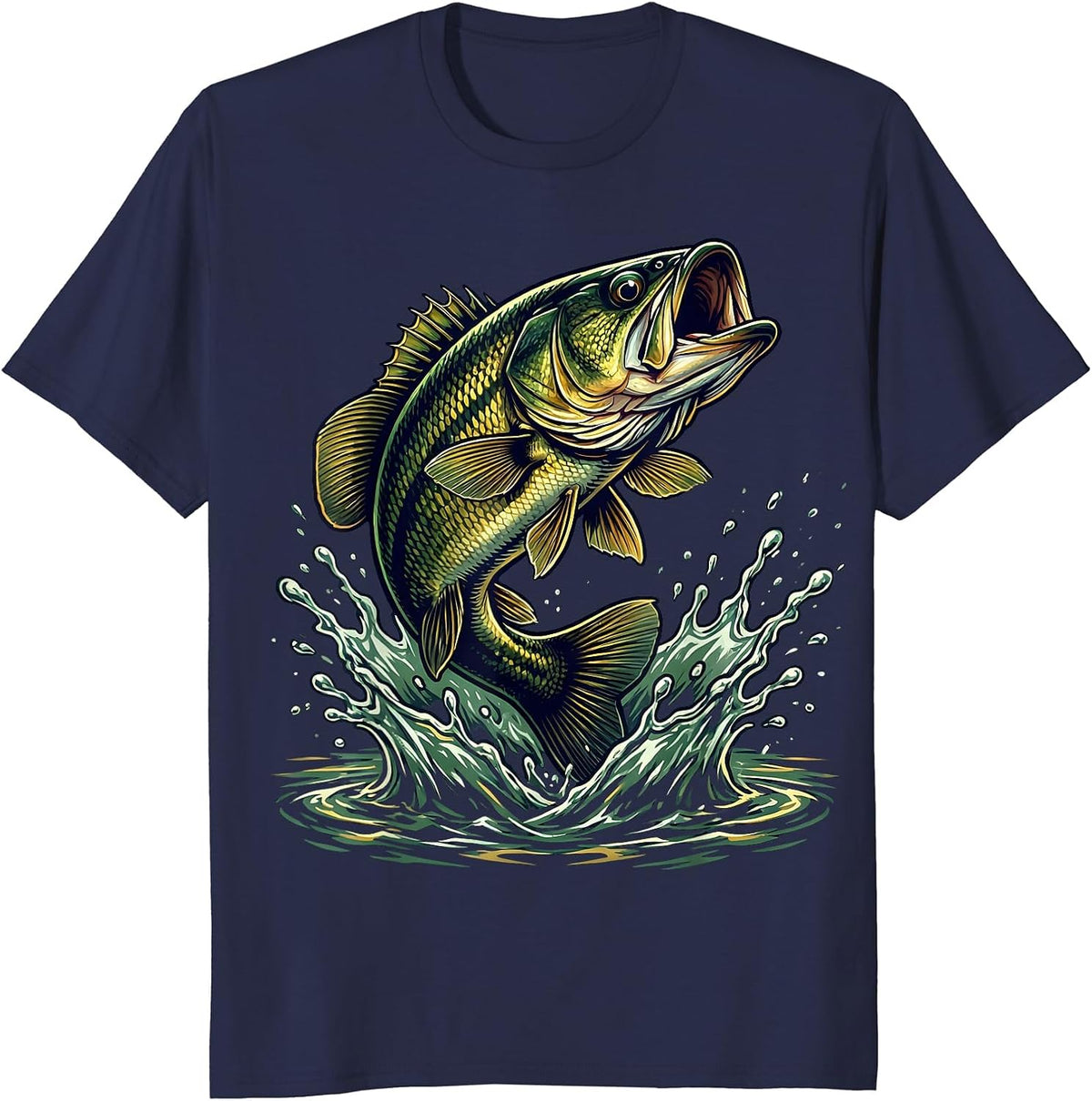 Largemouth Bass Leaping Fishing Graphic T-Shirt - Navy Blue