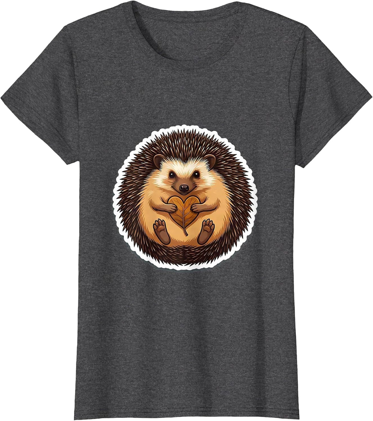 Women's Curled Hedgehog Cute Animal Lover Sticker Style T-Shirt - Dark Heather Grey