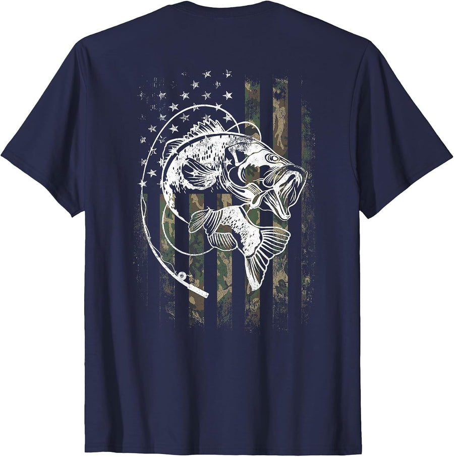 Bass Fish Fishing Camouflage Flag Funny Fisherman (on Back) T-Shirt - Navy Blue