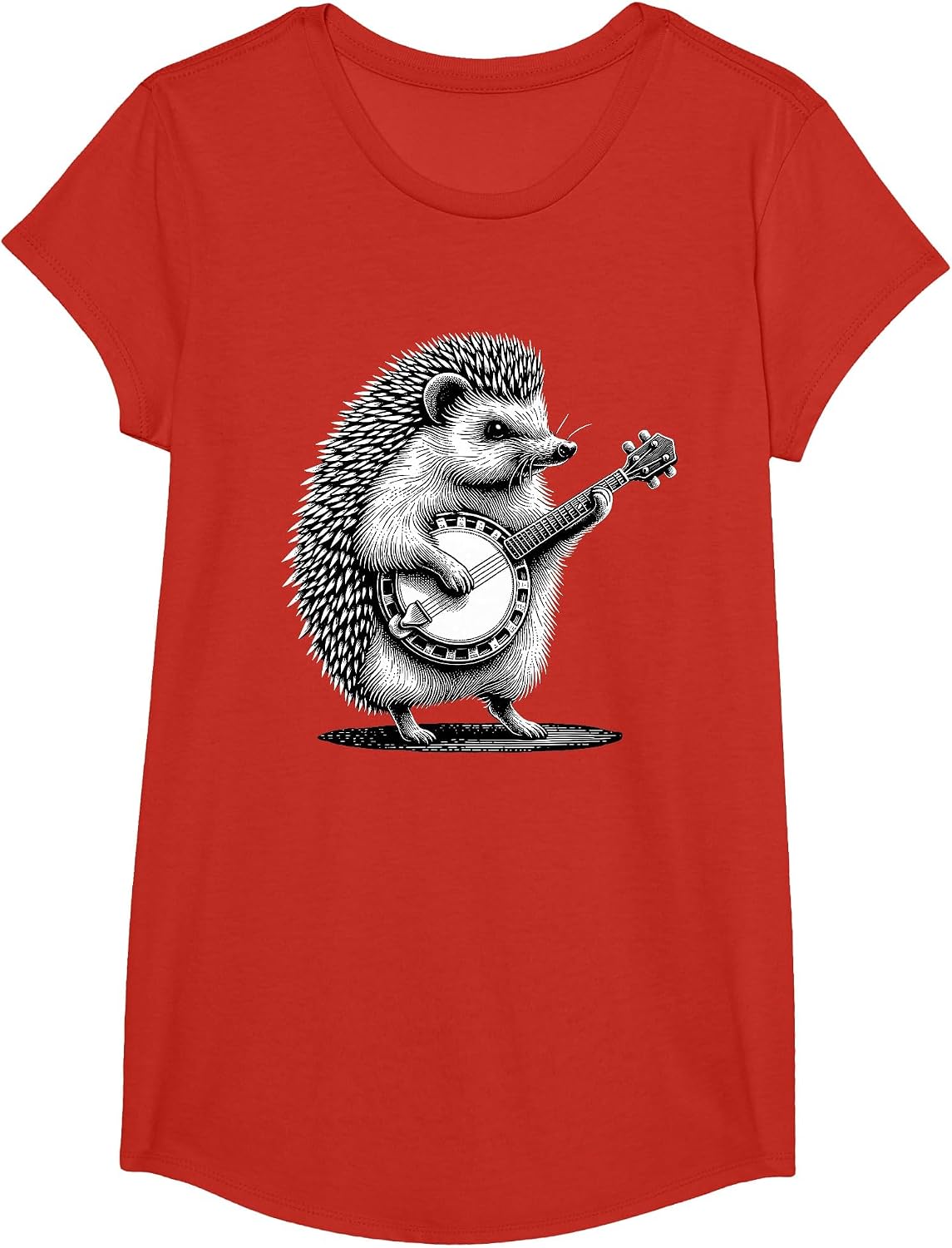 Hedgehog Playing Banjo Marching Band Musician Instrument T-Shirt - Girls Red