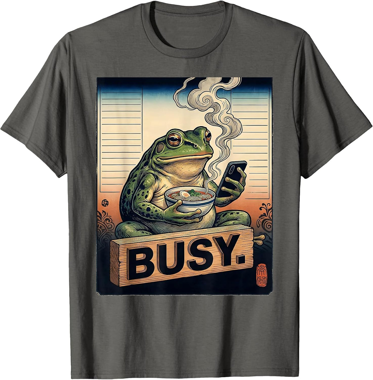 Men's Busy Grumpy Frog Ukiyo-e Ramen Humor Japanese Art T-Shirt - Asphalt Grey
