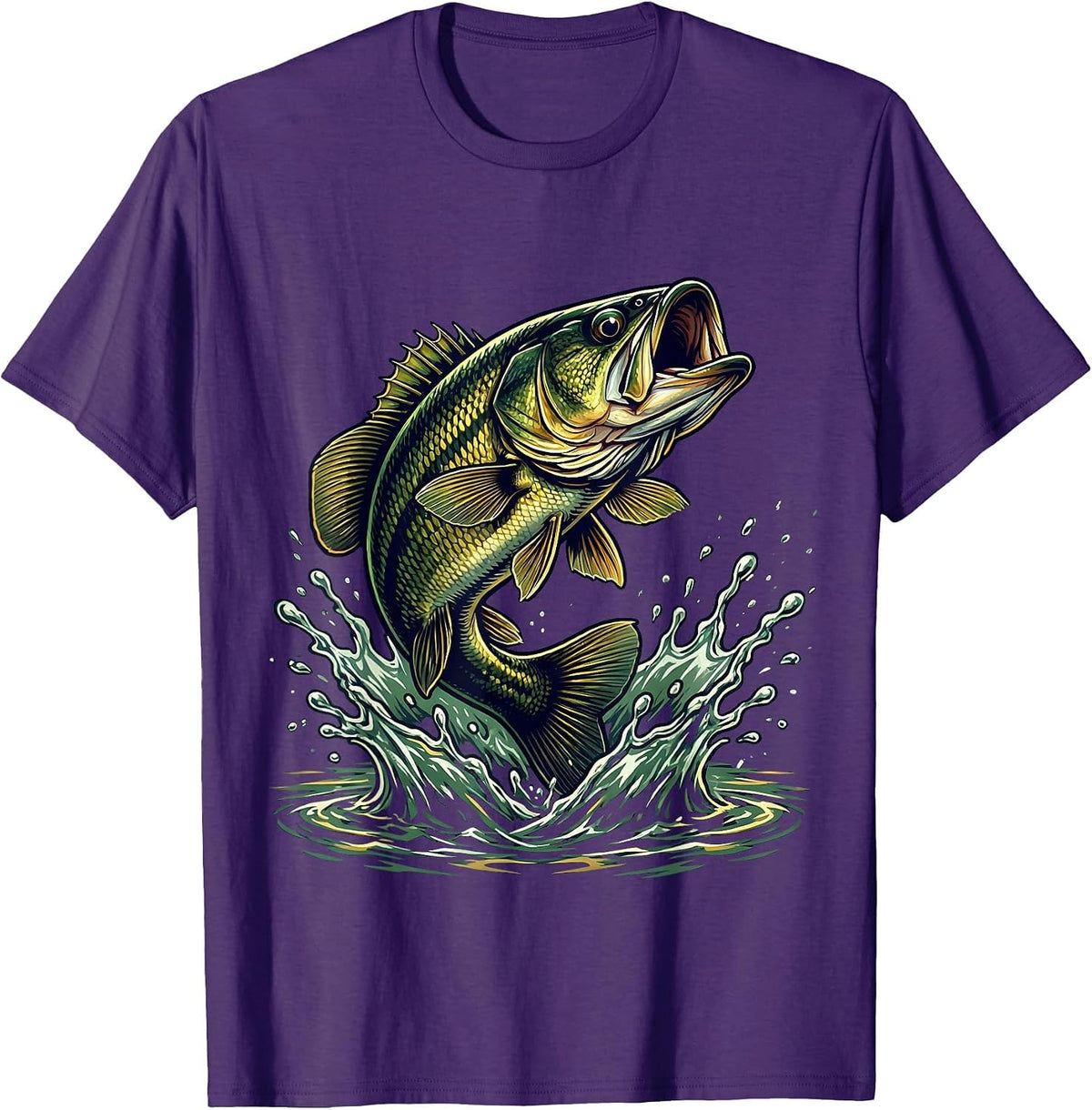 Largemouth Bass Leaping Fishing Graphic T-Shirt - Purple
