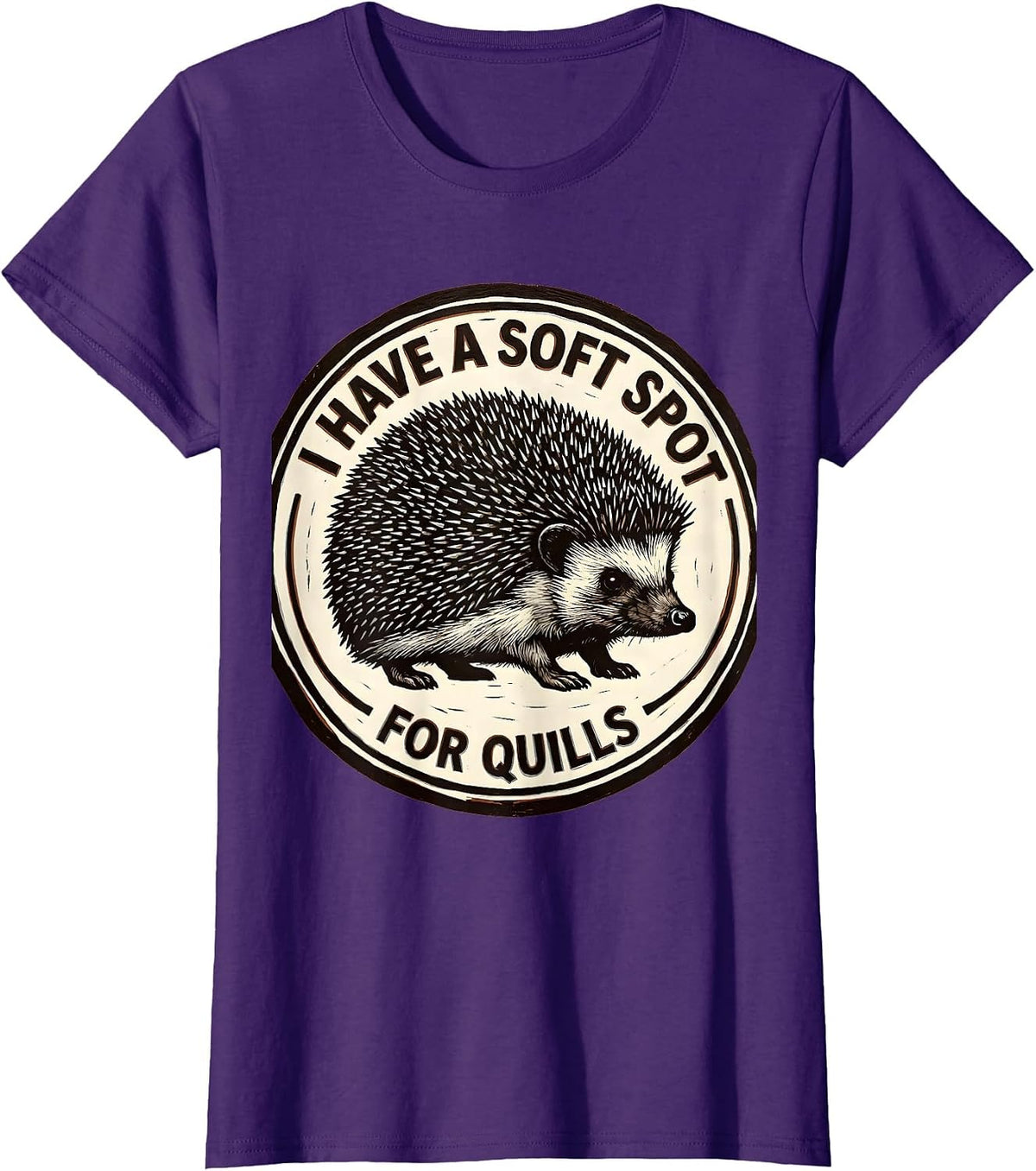 Women's I Have A Soft Spot For Quills Cute Hedgehog Lover Linocut T-Shirt - Purple