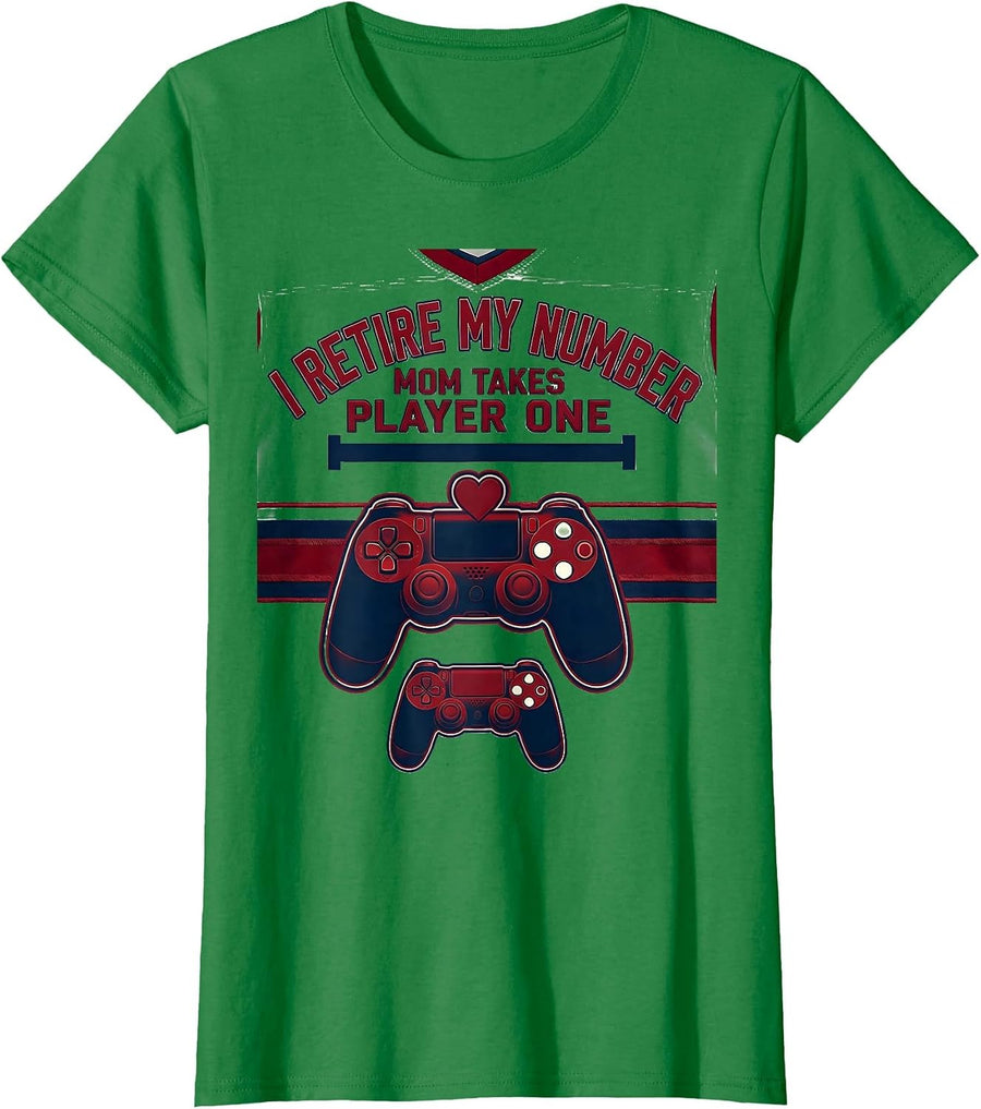 Women's I Retire My Number, Mom Takes Player One Funny Gamer T-Shirt - Kelly Green