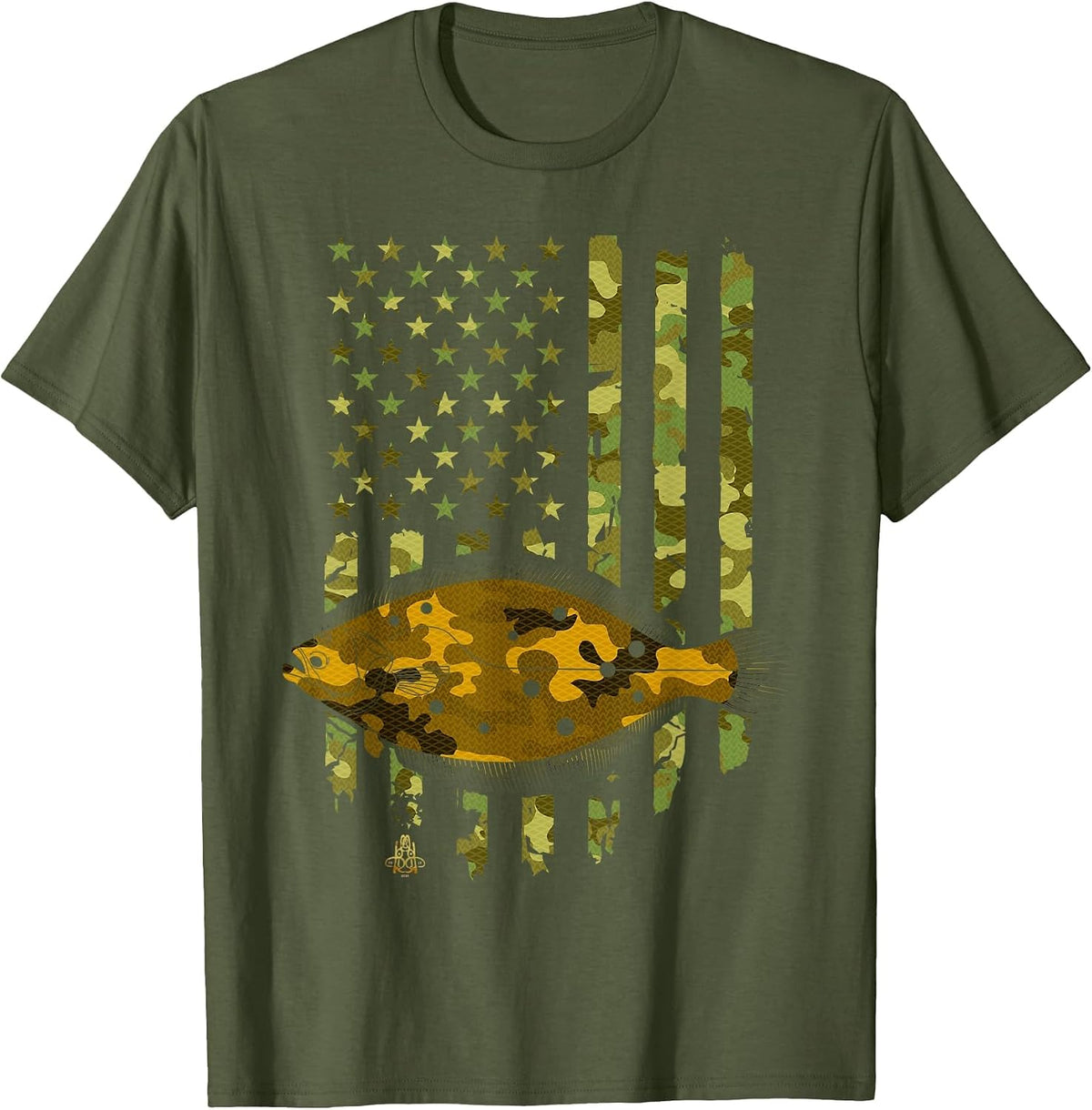 Flatfish Fishing Plaice Halibut American Flag Camouflage T-Shirt - Olive Green