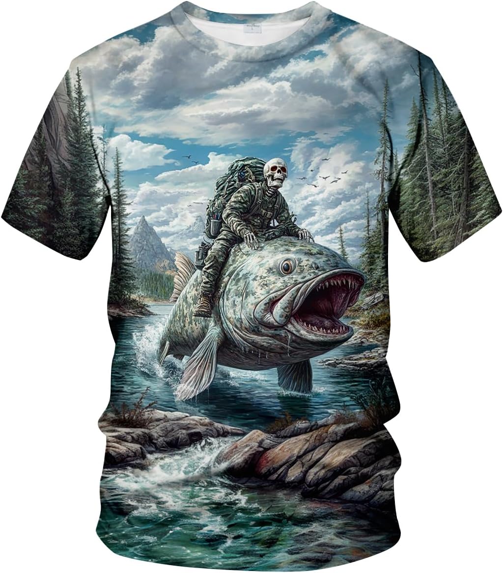 Funny Fishing Graphic T-Shirt Novelty Short Sleeve Crewneck Shirt - Silver