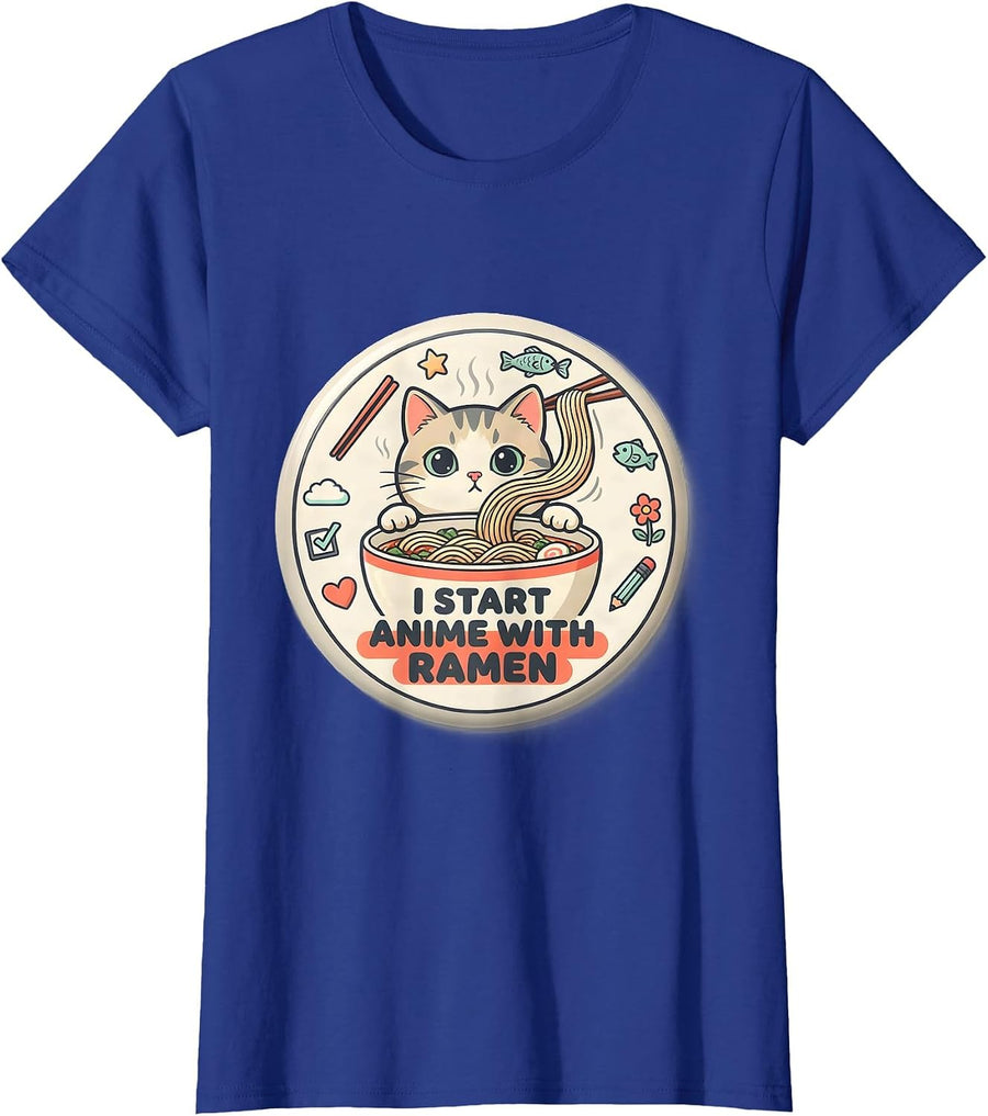 Women's I Start Anime With Ramen Kawaii Cat Ramen Anime Gift T-Shirt - Royal Blue