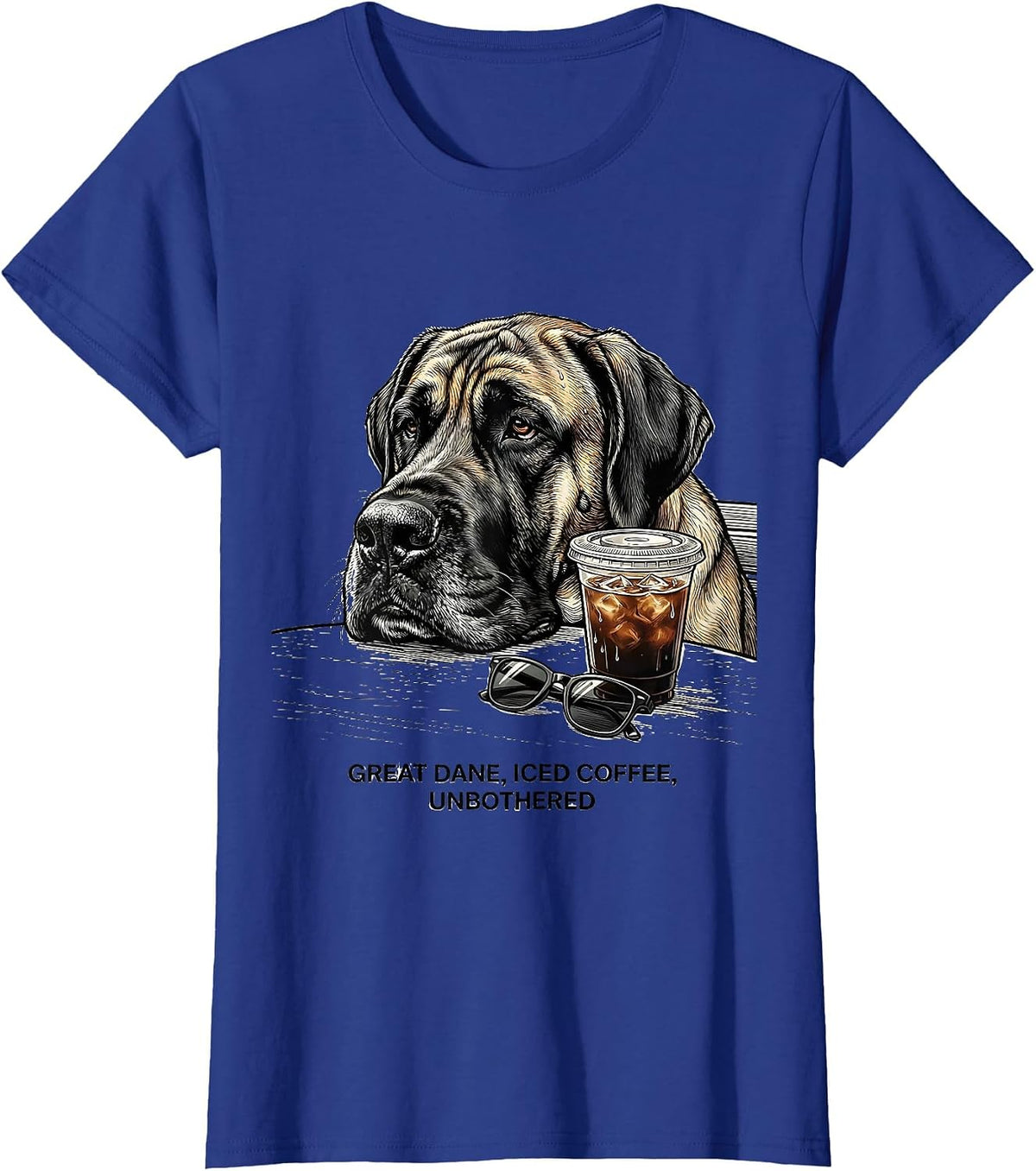 Women's Great Dane Iced Coffee Unbothered Funny Dog Lover Meme T-Shirt - Royal Blue