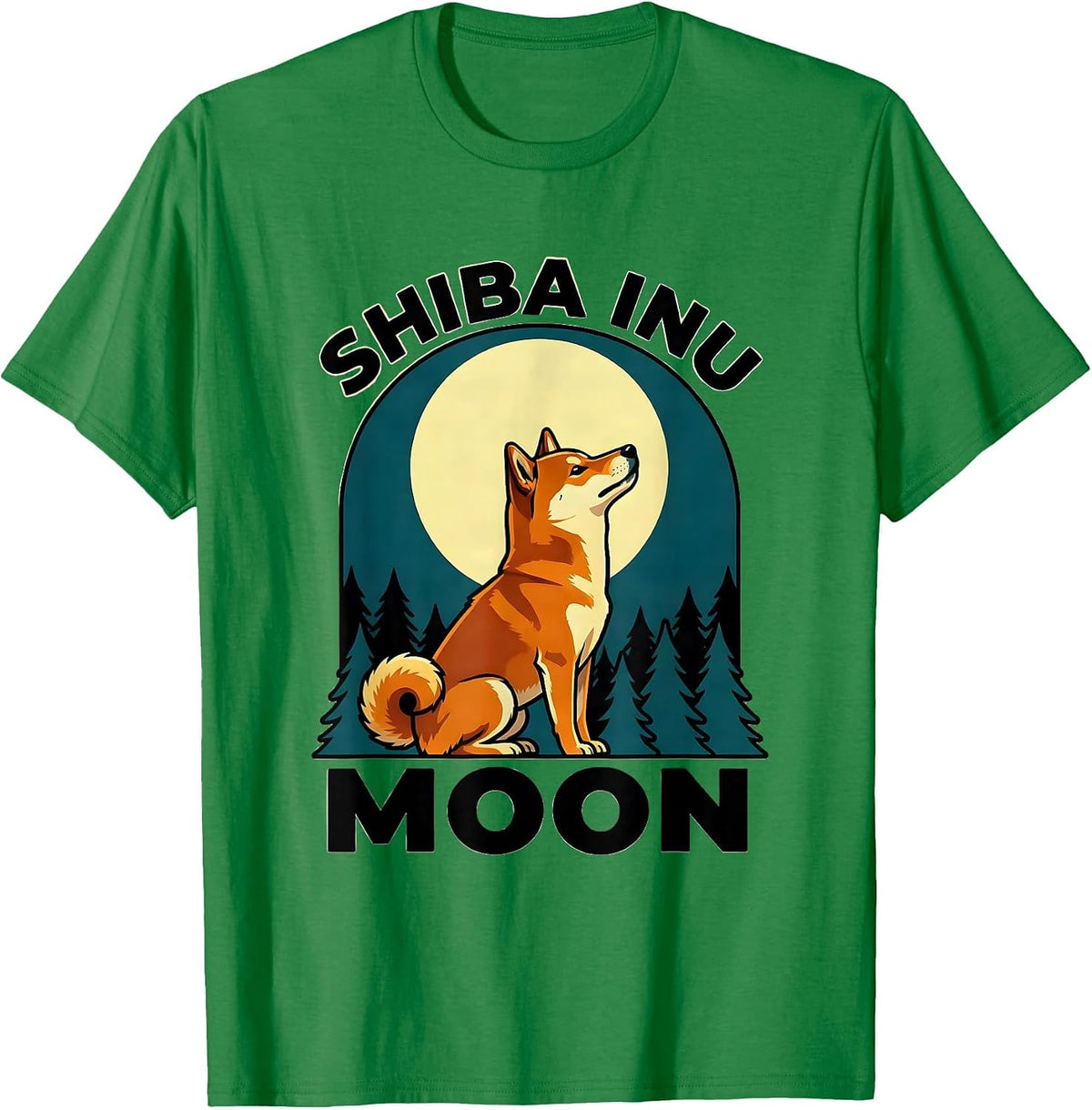 Men's Shiba Inu Moon Vintage Retro 90s Dog Breed Portrait T-Shirt - Kelly Green
