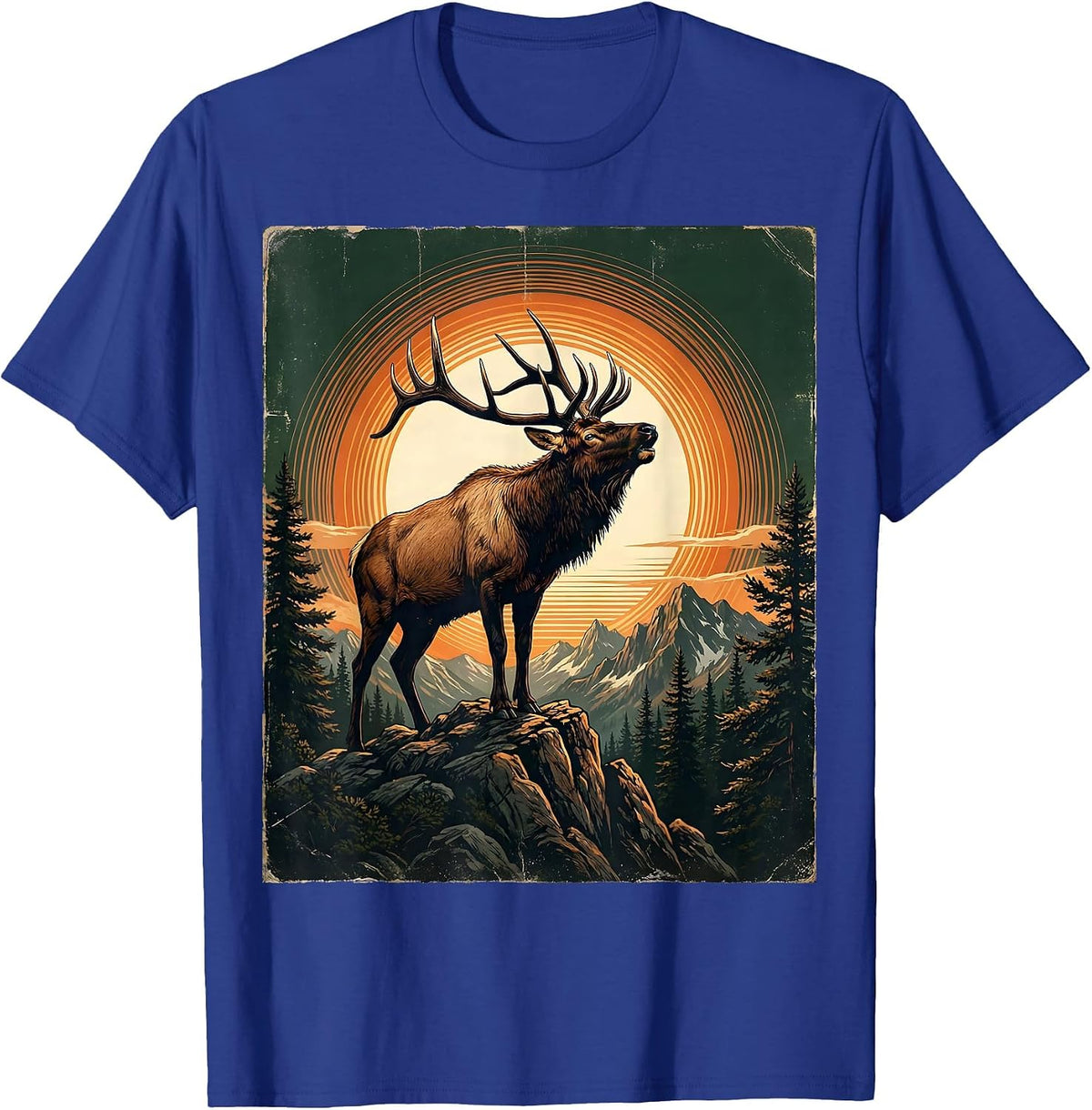 Men's Elk Bugling at Mountain Peak Sunrise T-Shirt - Royal Blue