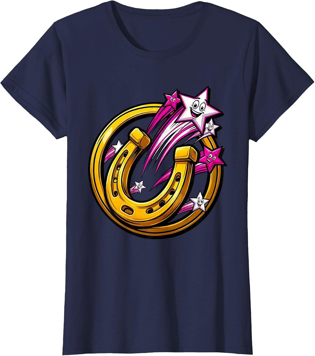 Women's Lucky Stars Horseshoe Autism Awareness Design T-Shirt - Navy Blue