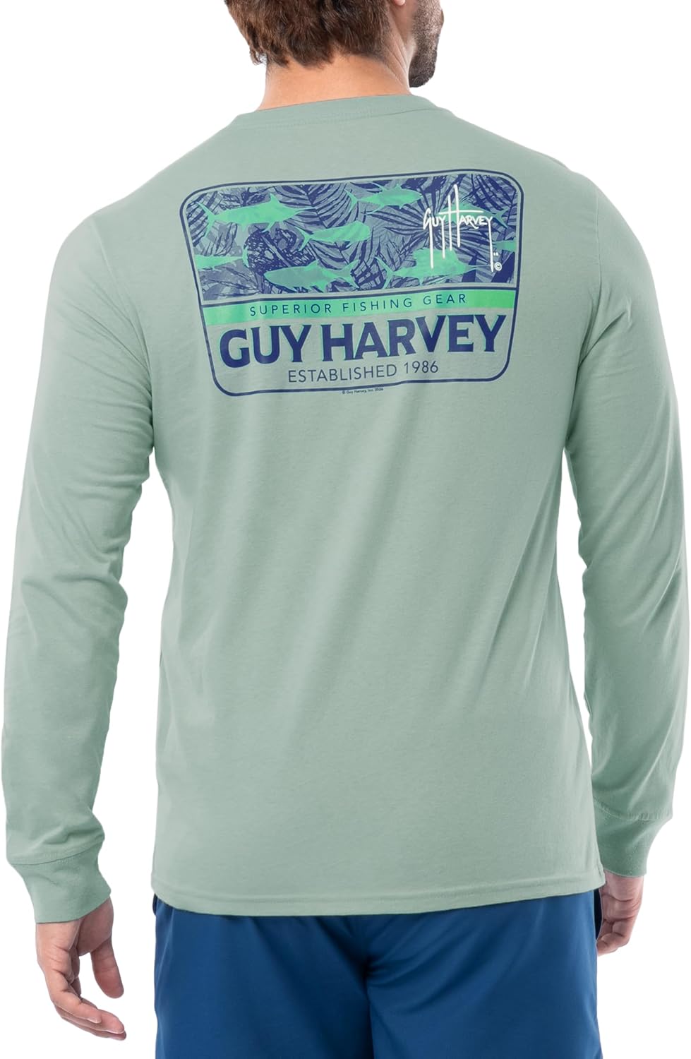Guy Harvey Men’s HarborLite Long Sleeve T-Shirt - Blue Surf\/Surf Patch