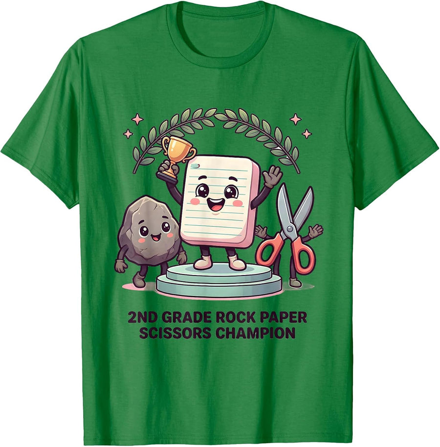 2nd Grade Rock Paper Scissors Champion Cute Kawaii Back T-Shirt, Men, Kelly Green, XX-Large - As Pictured