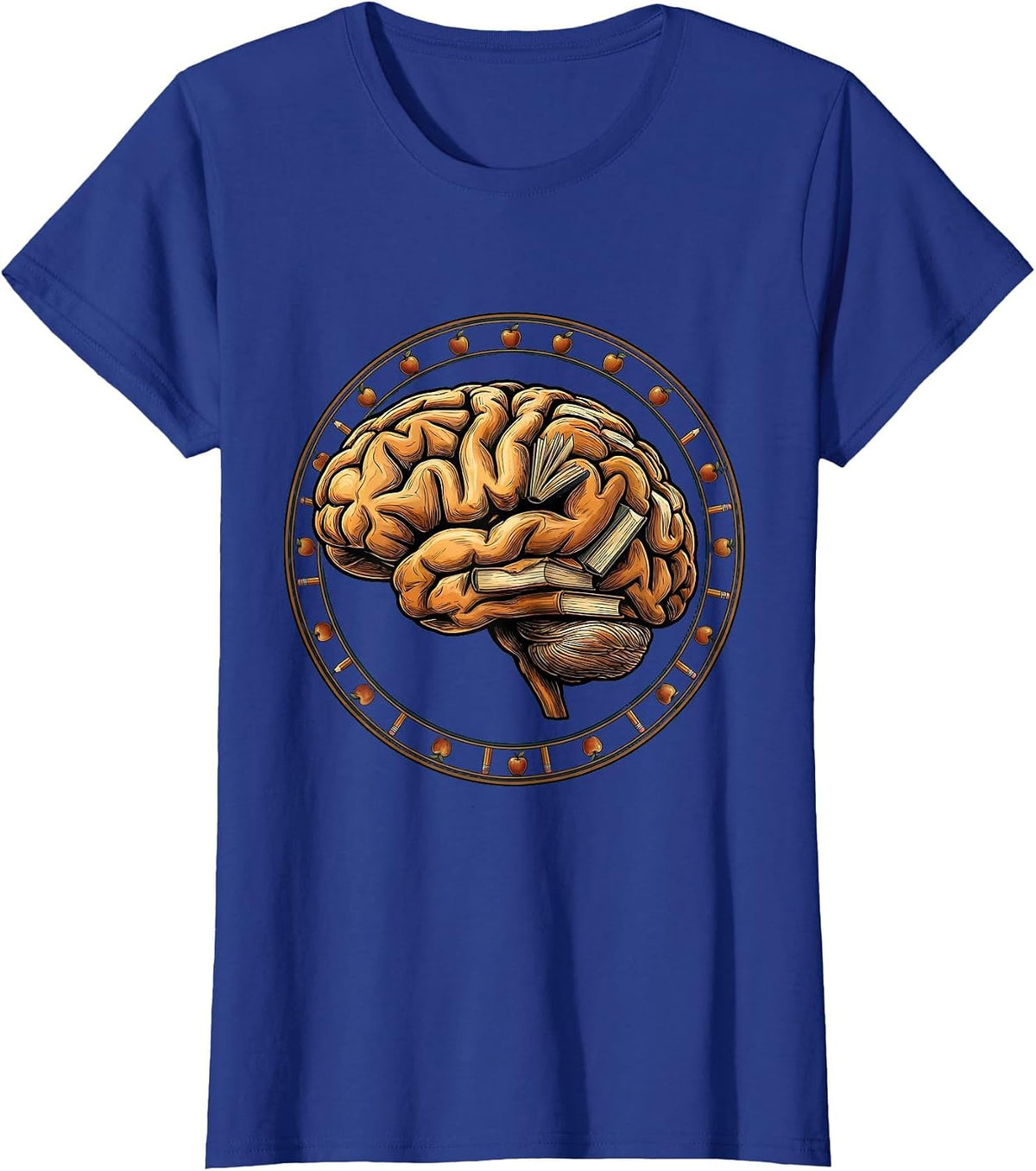 Women's Teacher Brain Made of Books Graphic Design T-Shirt - Royal Blue