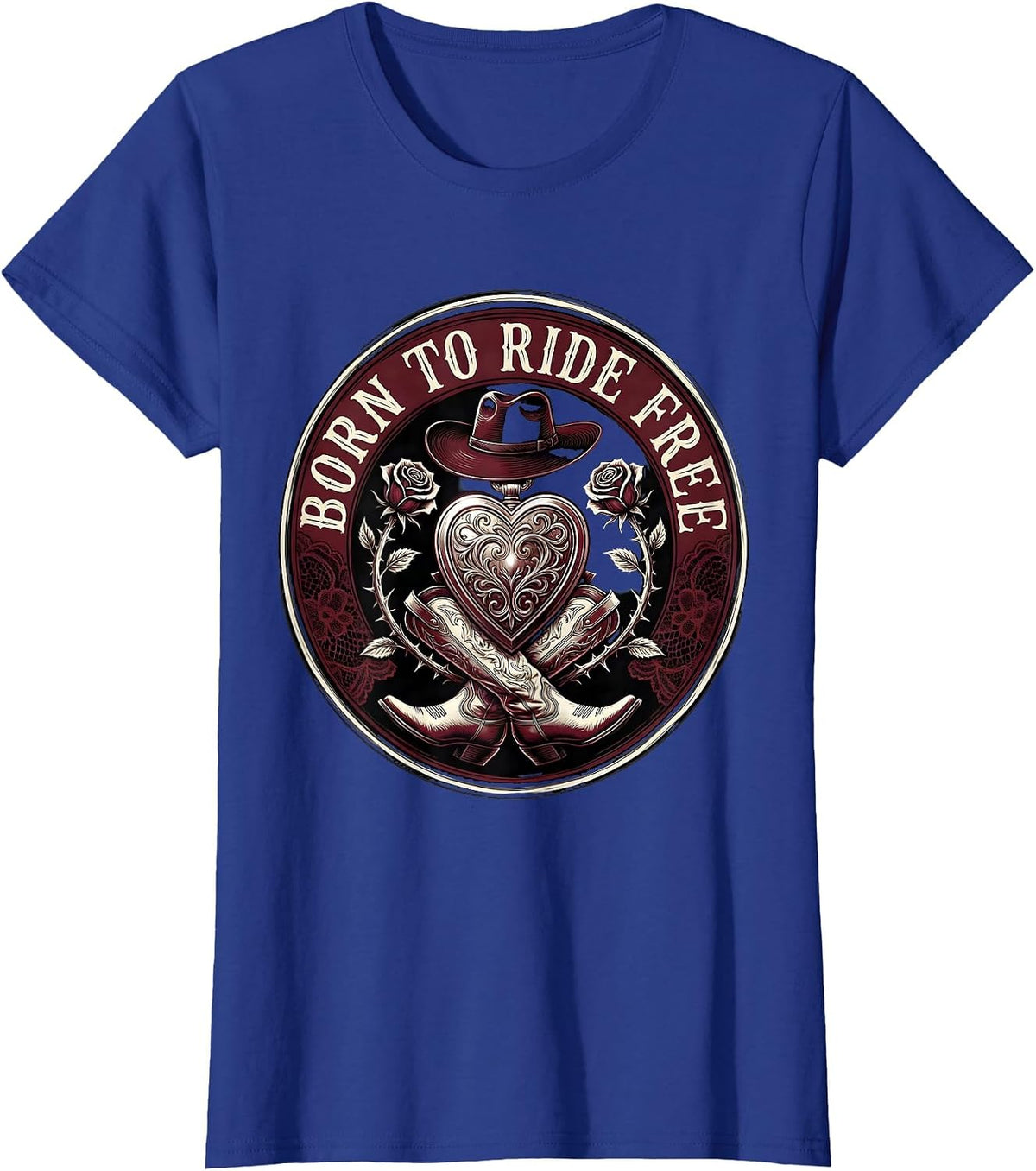 Women's Born to Ride Free Rodeo Cowgirl Design T-Shirt - Royal Blue