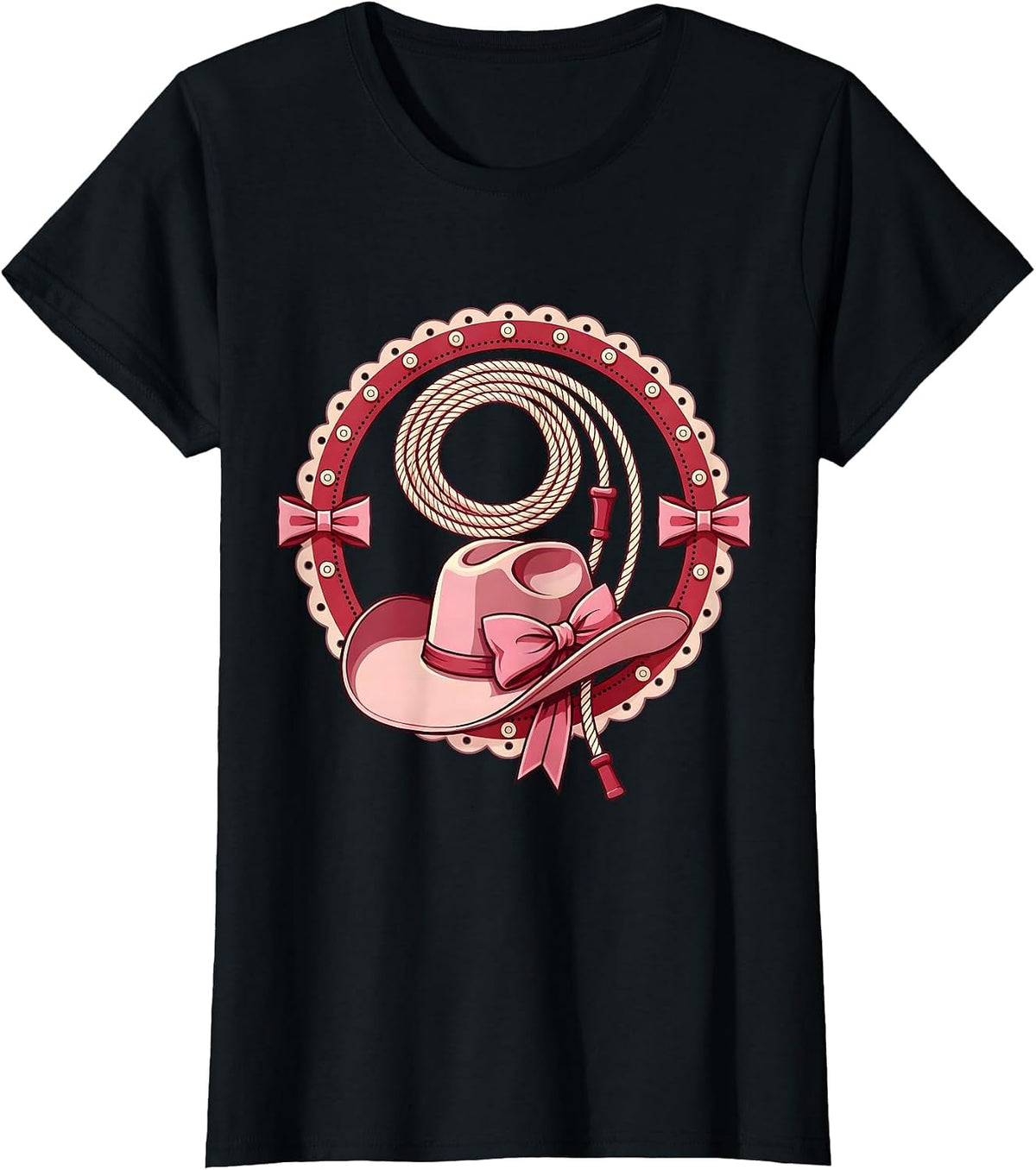 Women's Pink Cowgirl Lasso Twirl Western Rodeo Graphic T-Shirt - Black