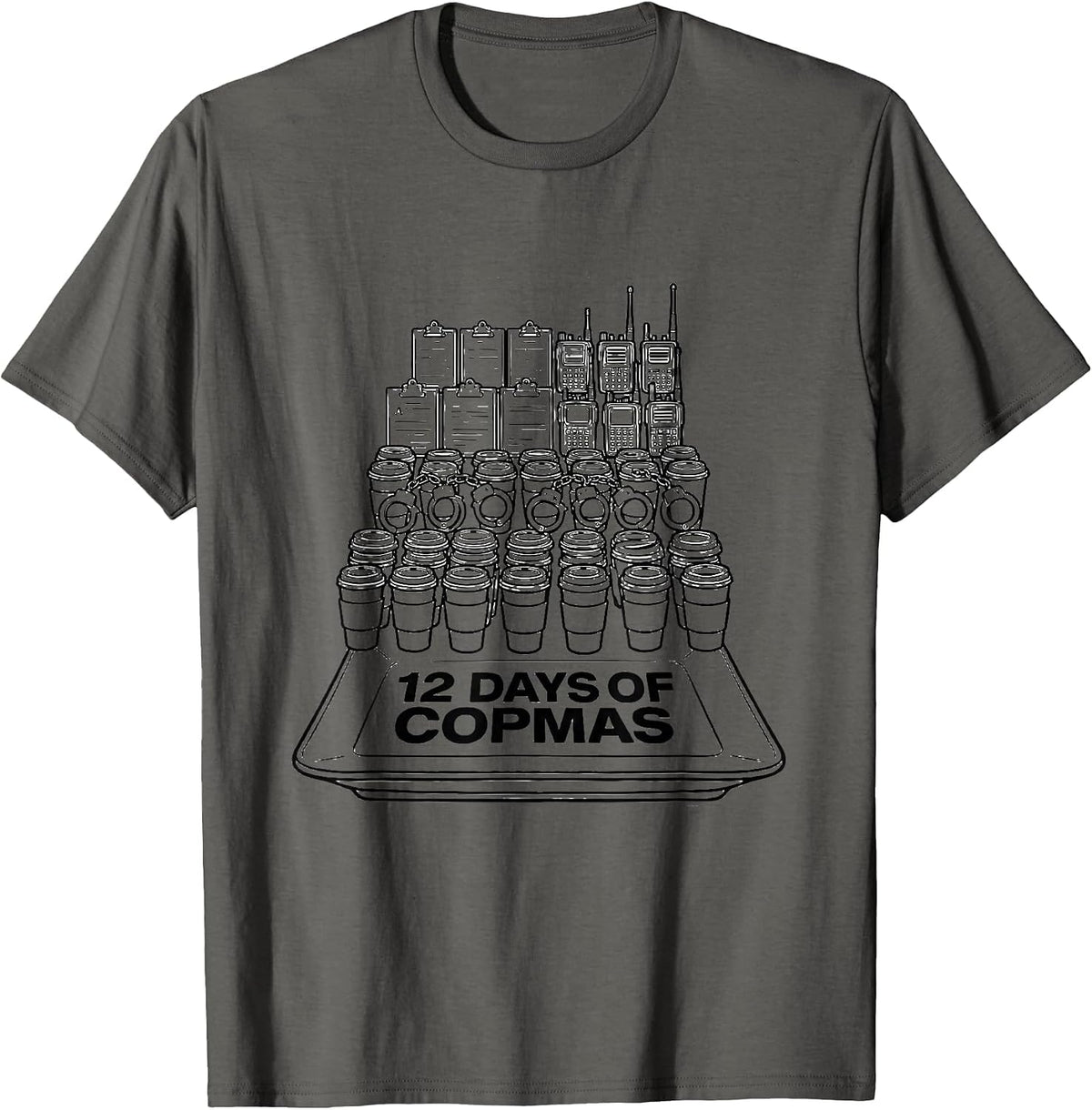 12 Days of Copmas Funny Police Officer Christmas Carol T-Shirt - Asphalt Grey