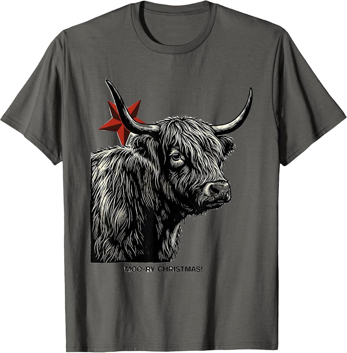 Men's Moo-ry Christmas! Linocut Highland Cow Seasonal Holiday T-Shirt - Asphalt Grey