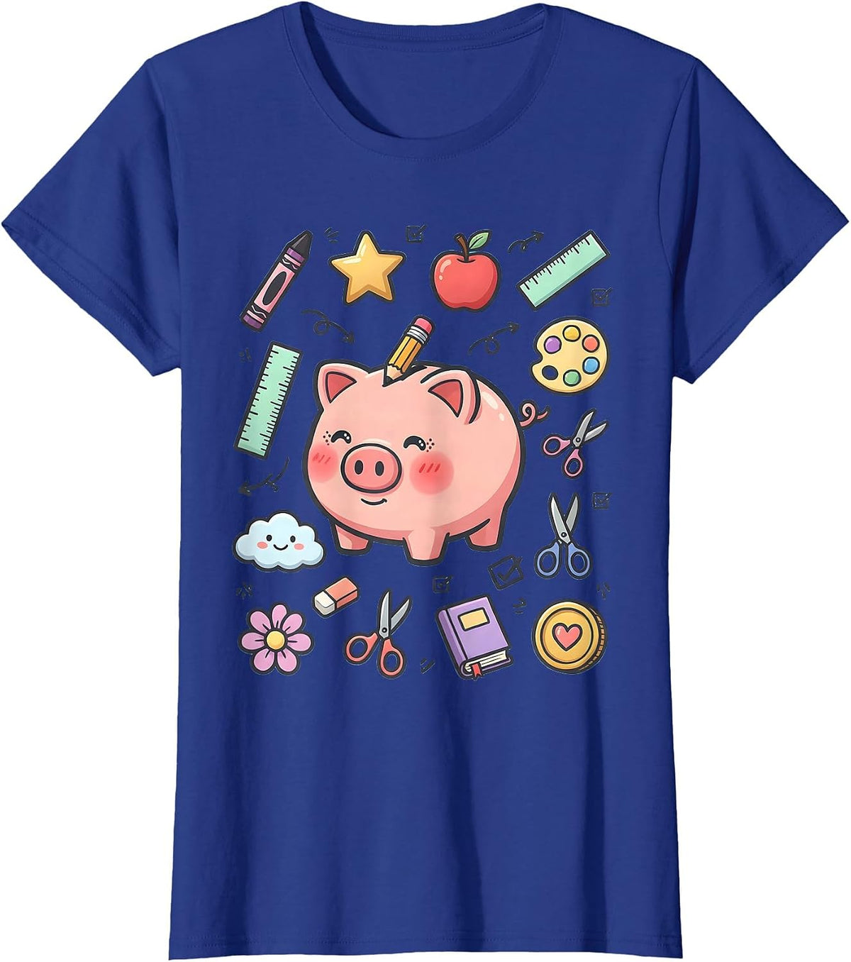 Women's Preschool Teacher Piggy Bank Pencil Graphic T-Shirt - Royal Blue