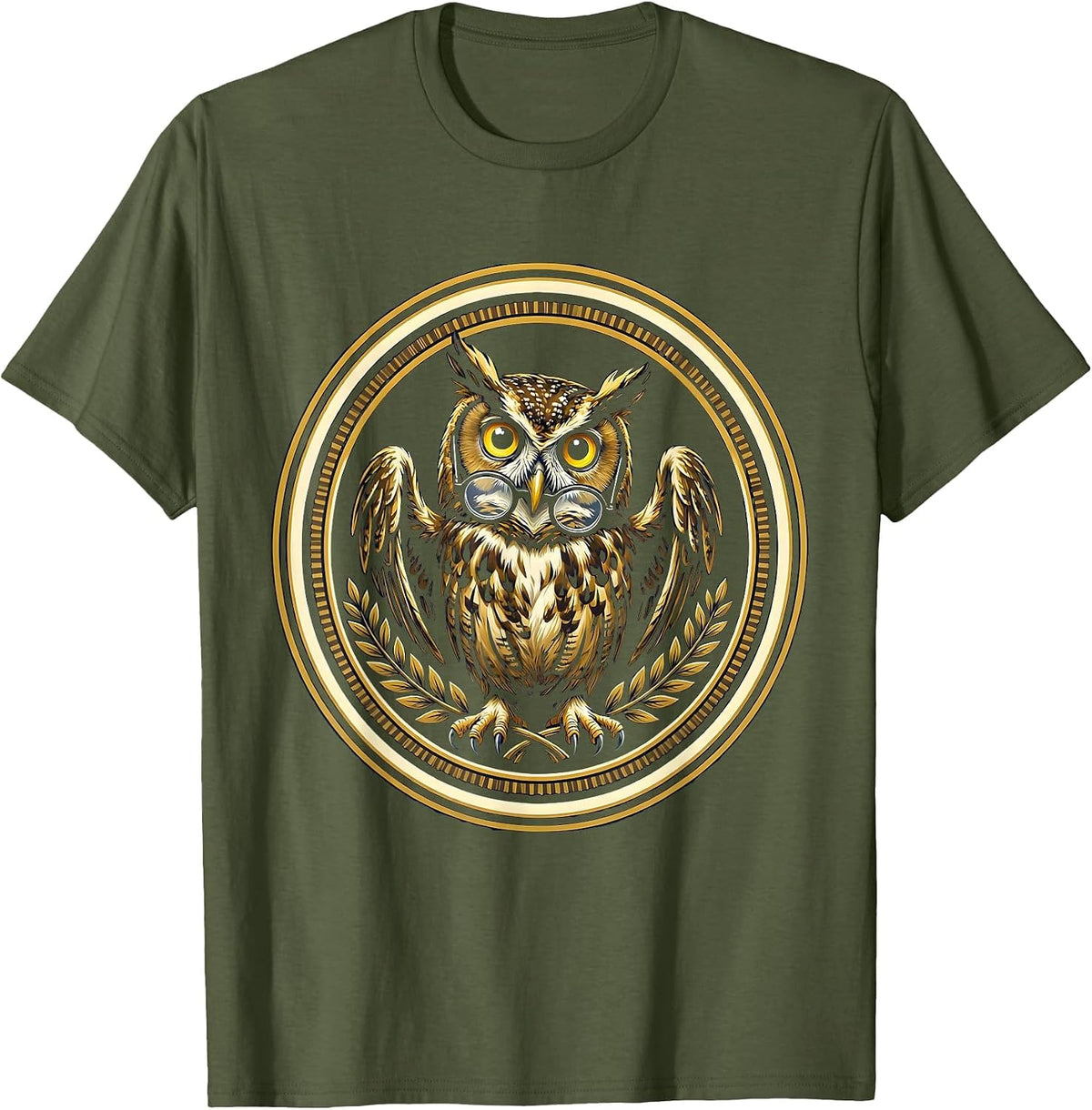 Men's Confused Owl in Glasses Funny Bookworm Design T-Shirt - Olive Green