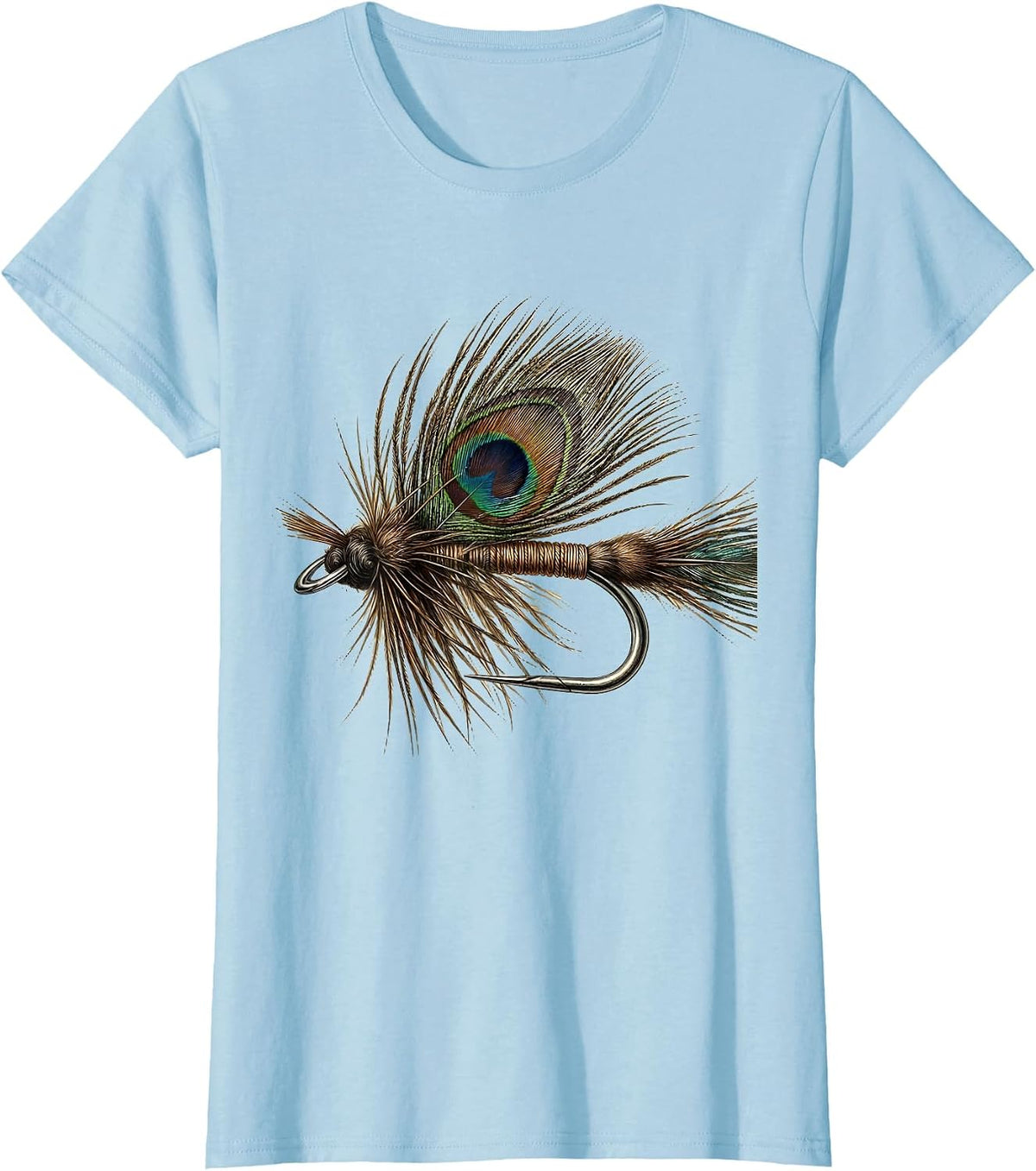 Feather Fly Fishing Hook Illustration T-Shirt - Baby Blue