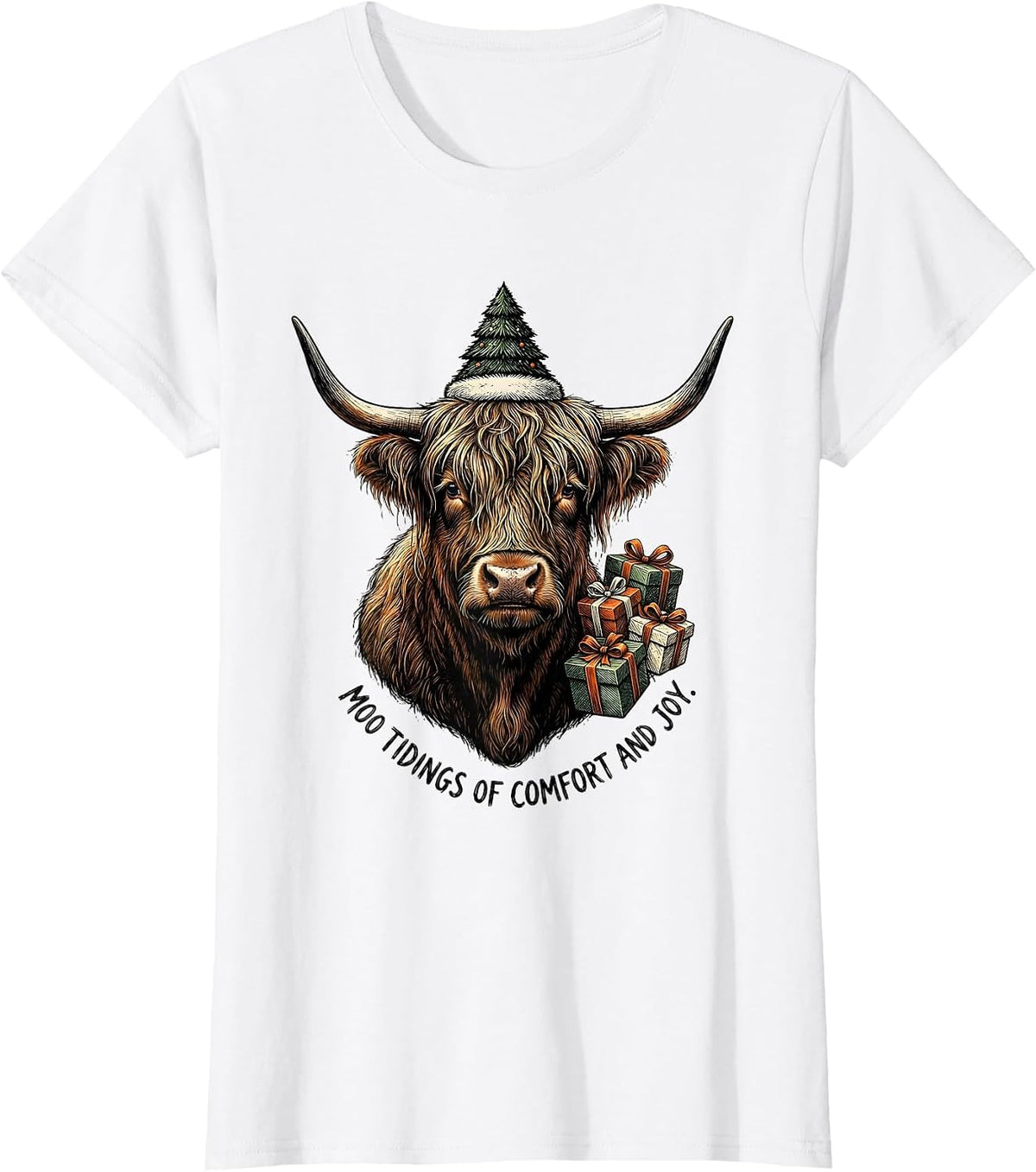 Women's Moo Tidings Of Comfort And Joy Vintage Highland Cow T-Shirt - White