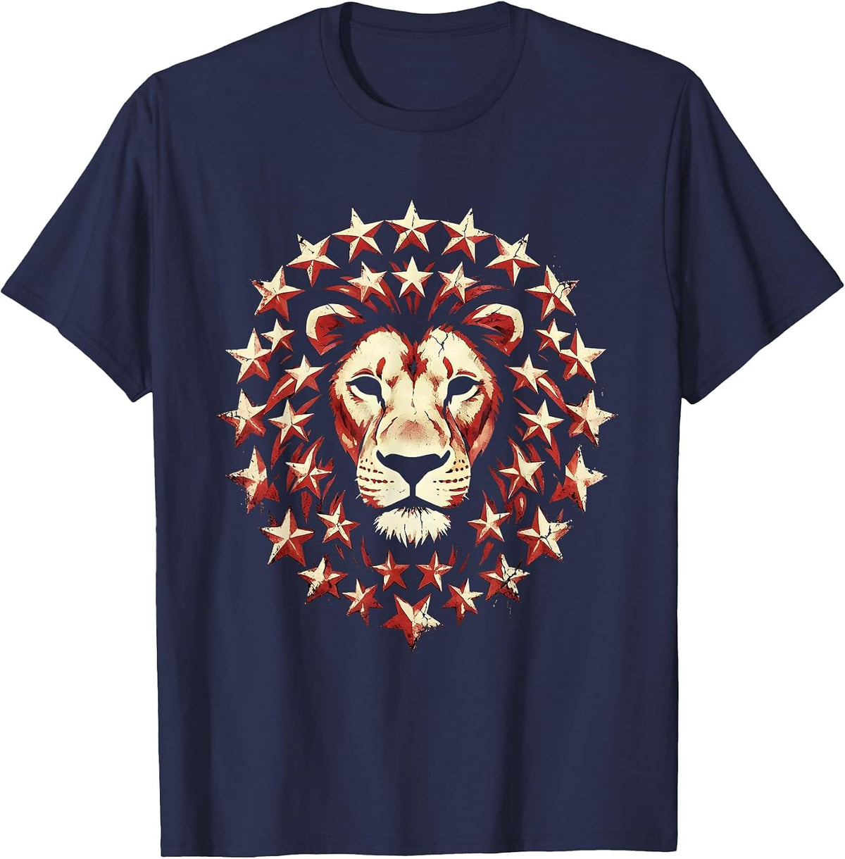 Red White and Blue Star-Spangled Lion Design T-Shirt - Navy Blue