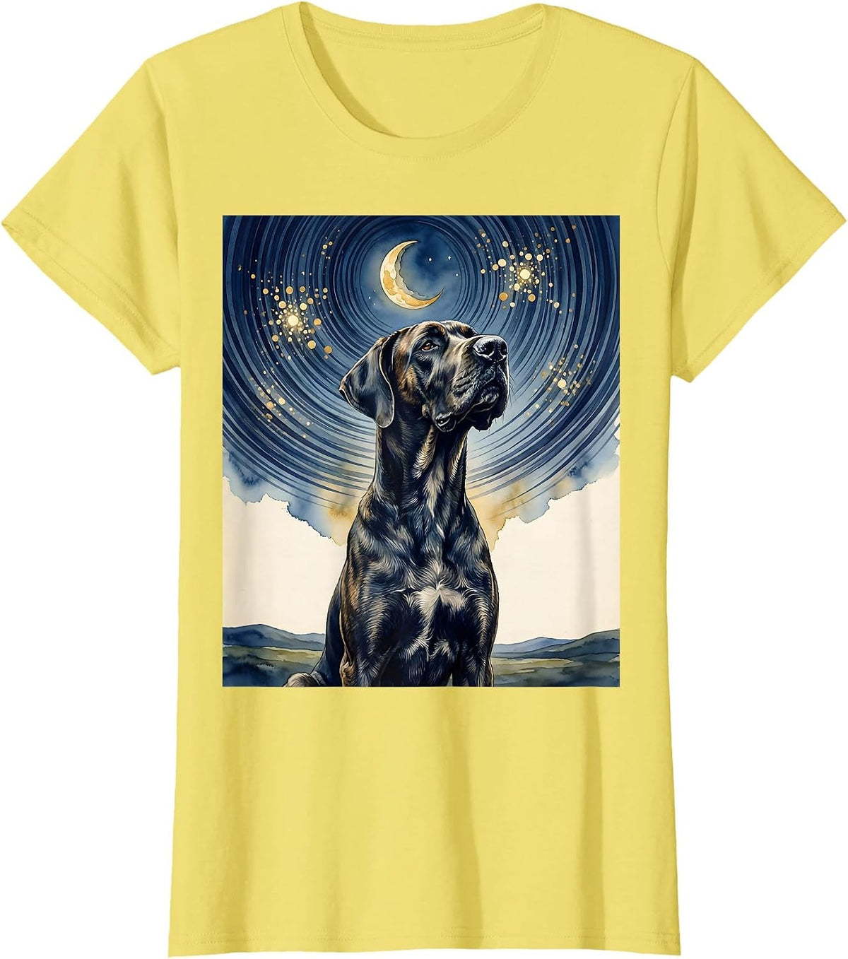 Women's Great Dane Van Gogh Style Starry Night Portrait T-Shirt - Lemon Yellow