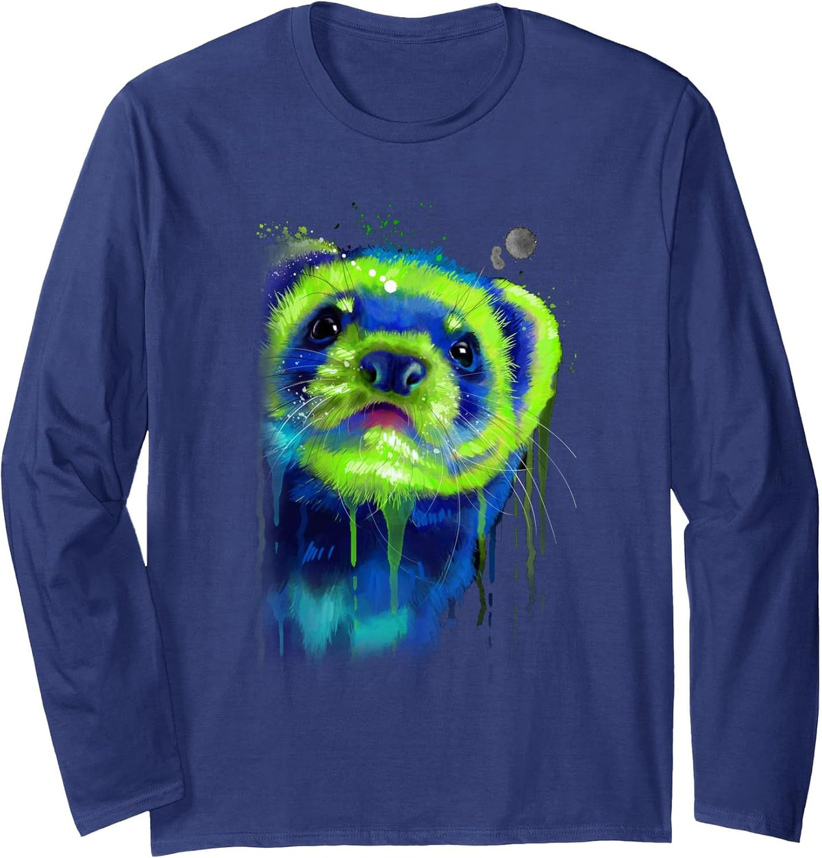 Ferret Face Graphics Hand Drawn Splash Art Ferret Pet Lover Long Sleeve T-Shirt - Adult Unisex Navy Blue